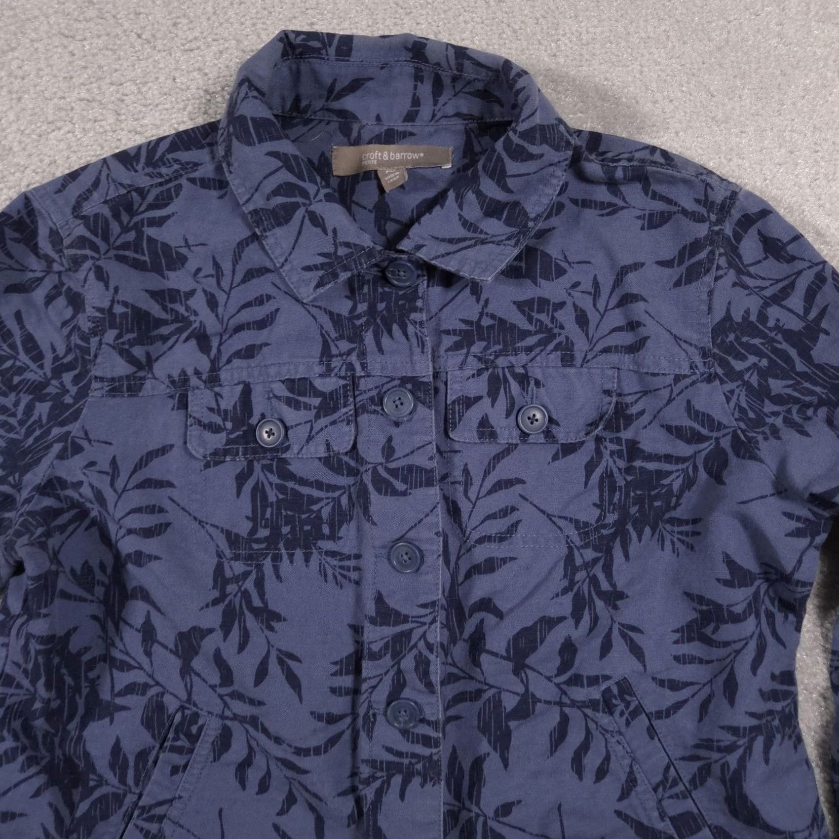 Croft & Barrow Croft & Barrow Jacket Womens Petite Medium Blue Leaf Print Linen Cotton Button Up Size M / US 6-8 / IT 42-44 - 3 Thumbnail