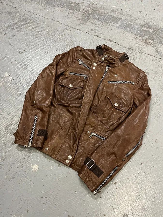 Dolce & Gabbana SS2004 Dolce & Gabbana Brown Multi-Zip Biker Leather Jacket Size US XS / EU 42 / 0 - 6 Thumbnail