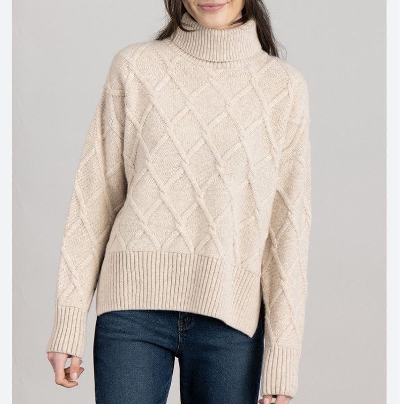 image of Barbour NWT Medium Oatmeal Wool Fisherman Turtleneck Sweater in Cream, Women's