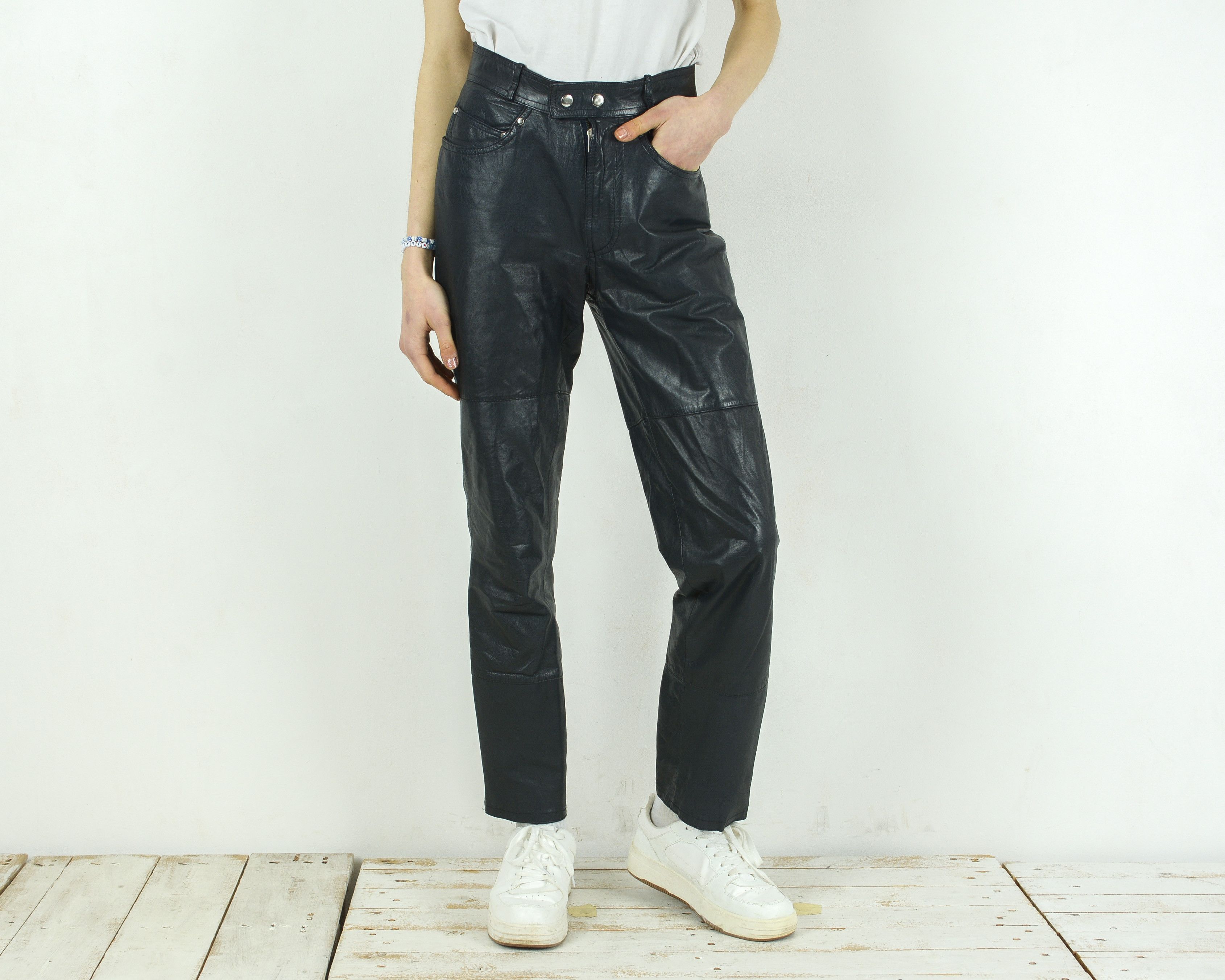 image of Genuine Leather Black Leather Pants Tapered Trousers Mid Waist Biker Moto, Women's (Size 28)