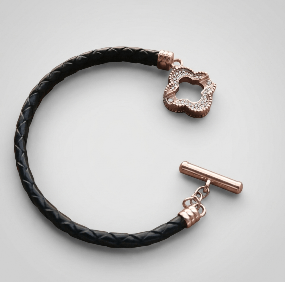 Sterling Silver 925 Silver Clover Diamond Set Bracelet Black Leather Size ONE SIZE - 1 Thumbnail