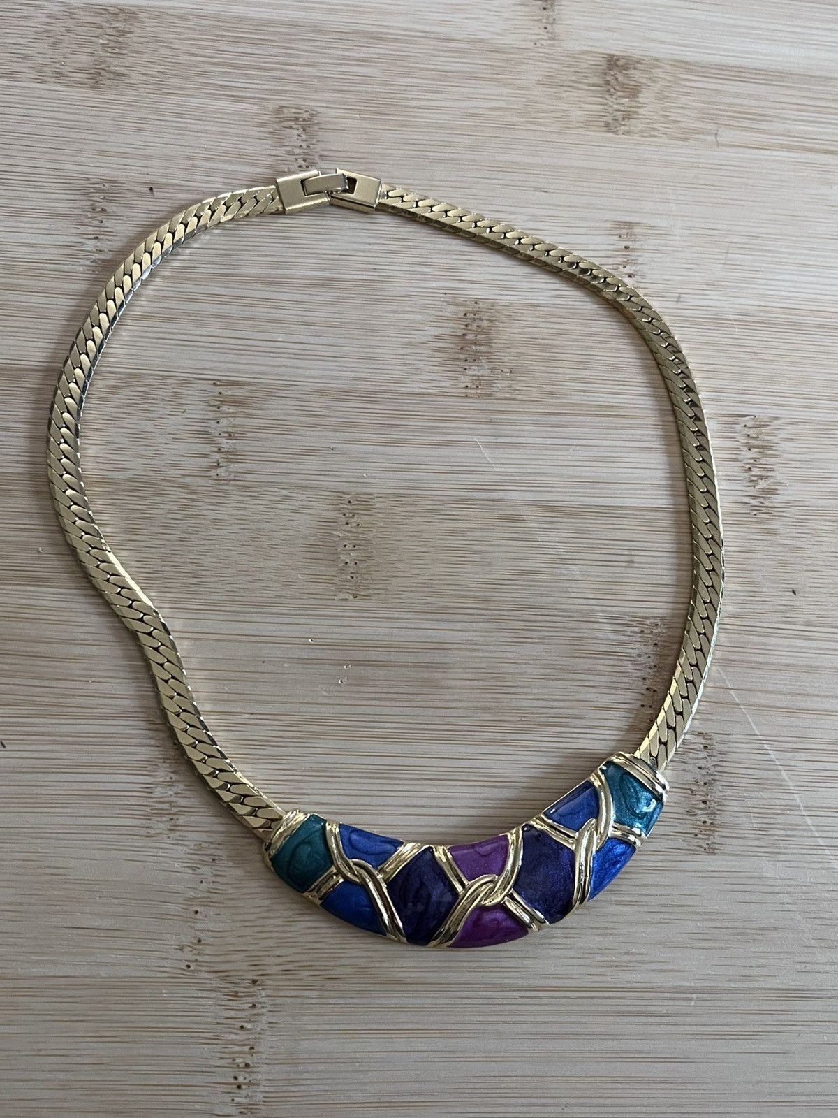 Other Vintage 80s Enamel Herringbone Necklace Gold Blue Purple Size ONE SIZE - 1 Thumbnail