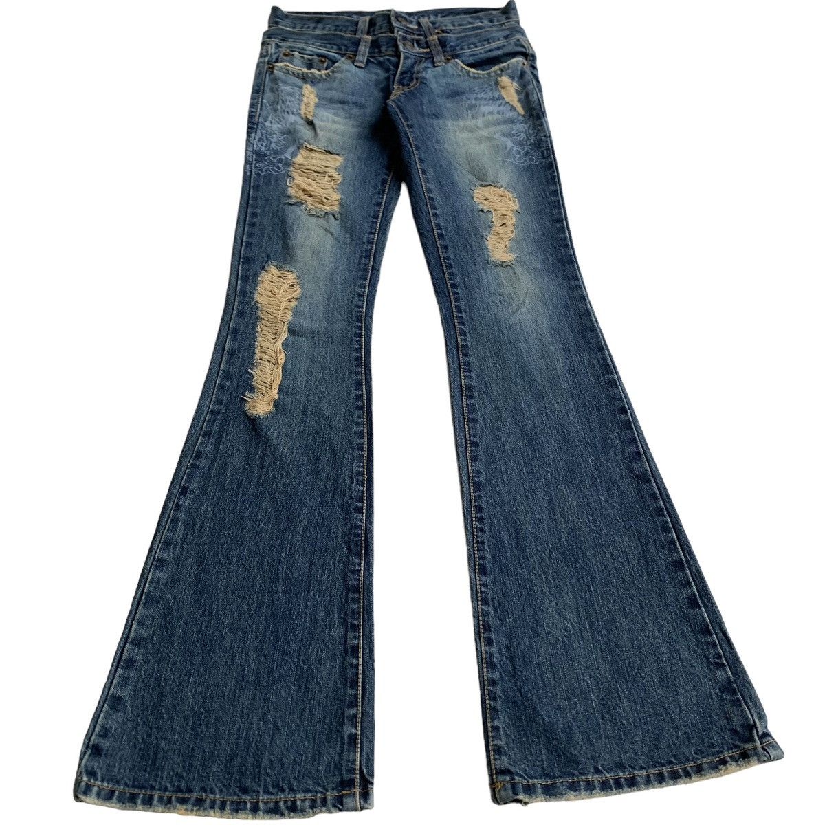 image of Japanese Flared Double Waist Distressed Denim Pants in Blue Wash, Men's (Size 28)