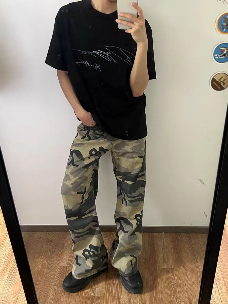 Straight leg camouflage washed vintage casual jeans