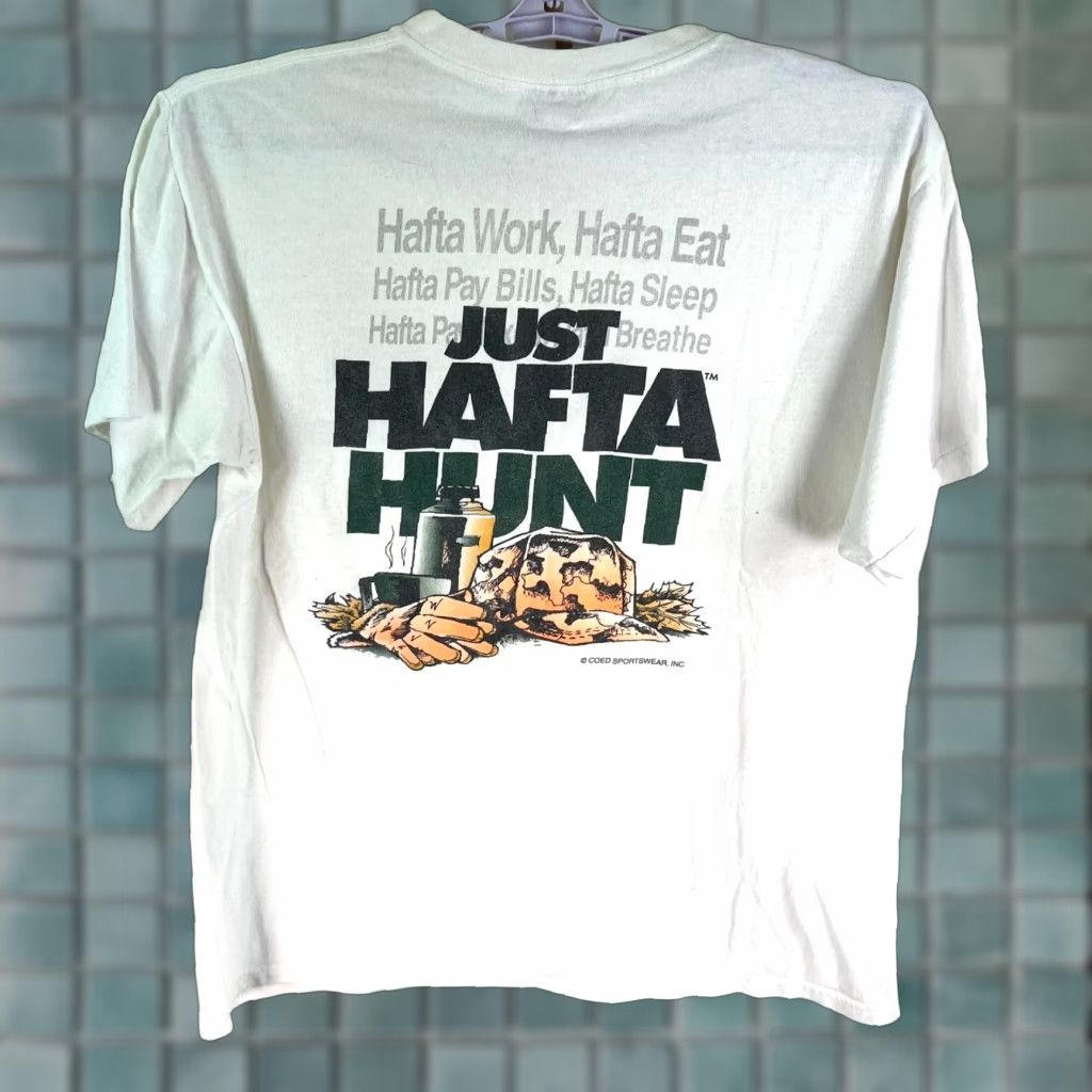 Vintage VINTAGE Coed Sportswear Just Hafta Hunt T-Shirt Mens L White Double-Sided Graphic Tee 90s Hunting Stitch Adventure Time Mens Large White Graphic Tee Size US L / EU 52-54 / 3 - 1 Thumbnail