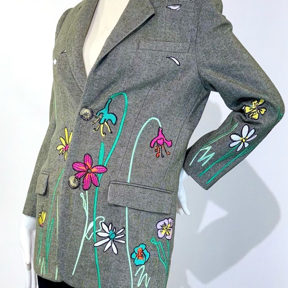 Mira Mikati MIRA MIKATI Floral Embroidered Notched-Lapels Green Blazer Size S / US 4 / IT 40 - 2 Thumbnail
