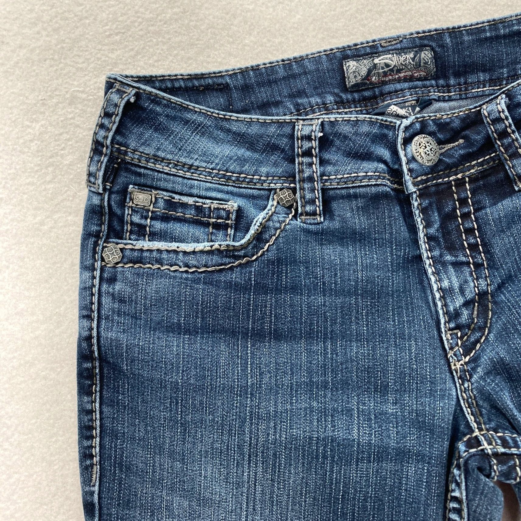 Silver Jeans Co. Silver Jeans Suki Surplus Women's 29x32 Bootcut Dark Wash Blue Denim Grunge Rock Size 29" - 3 Thumbnail