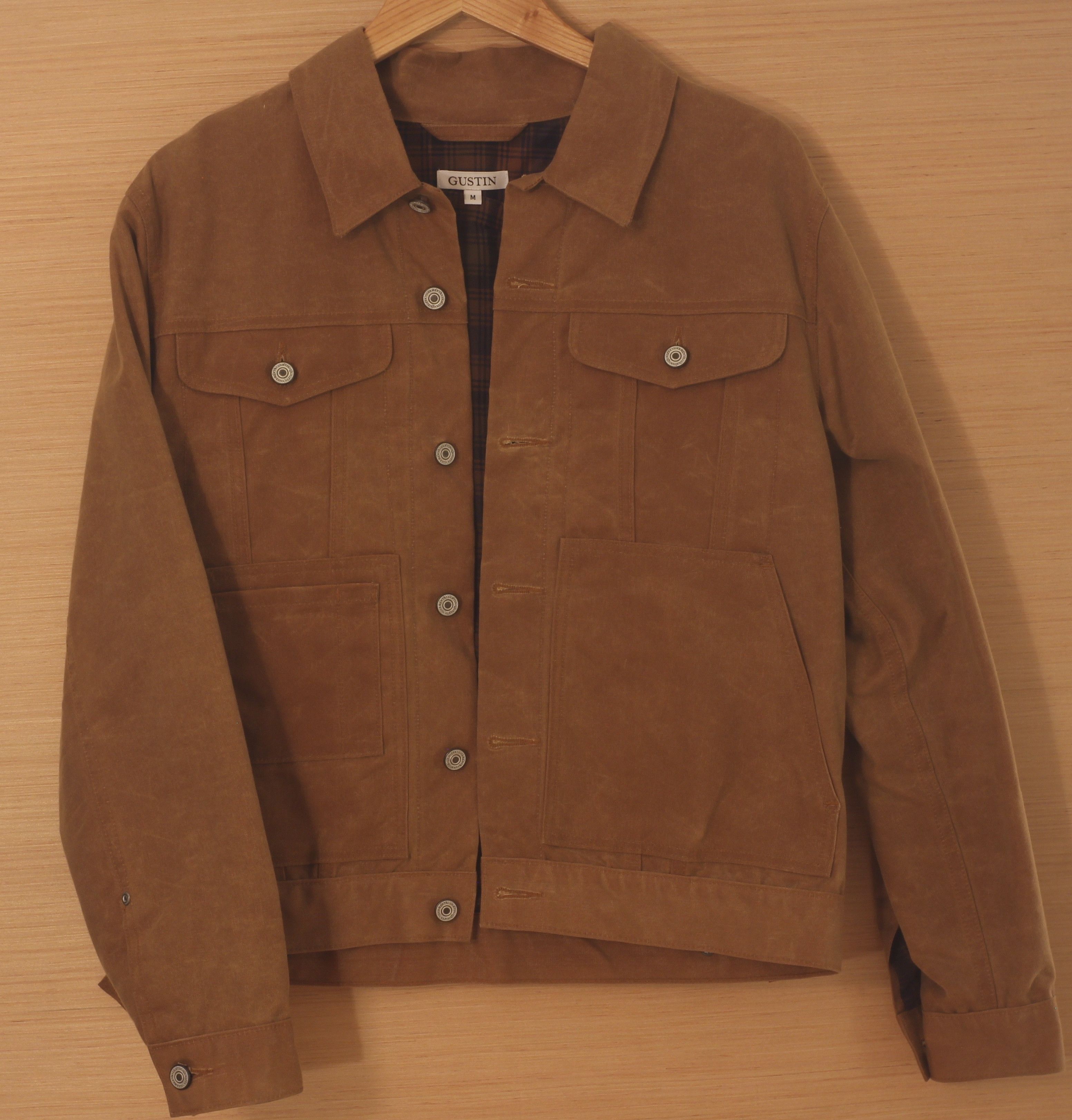 image of Gustin Waxed Brown Flannel-Lined Trucker Jacket, Medium, Men's