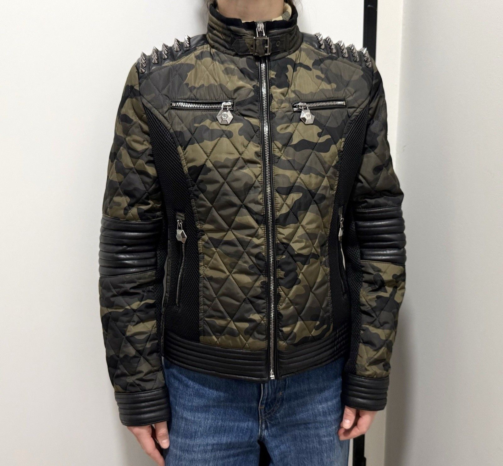 Philipp Plein Philipp Plein Womens Camo Camouflage Jacket Spikes Biker Size L / US 10 / IT 46 - 1 Thumbnail