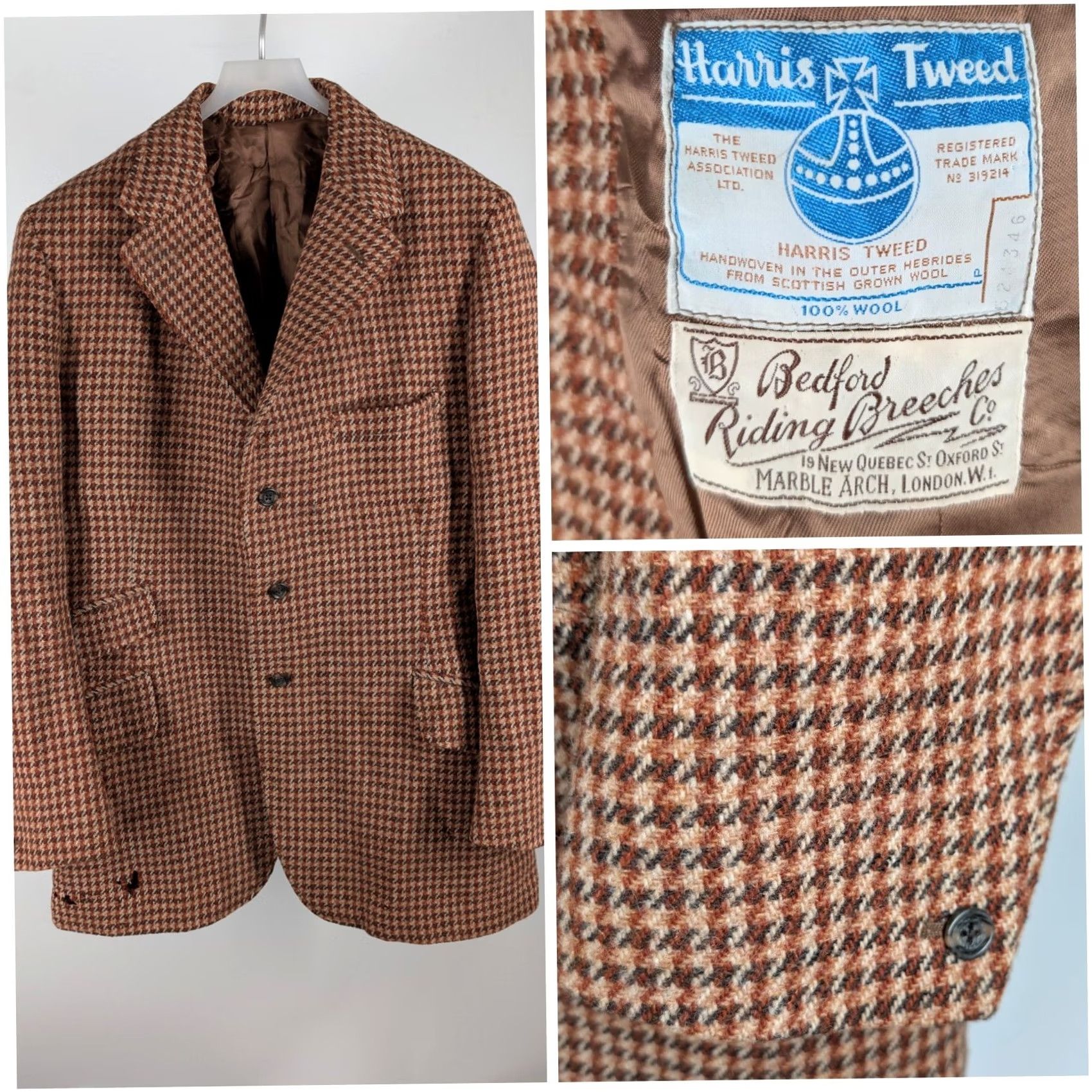 Harris Tweed VINTAGE Harris Tweed Blazer Bedford Riding Breeches Houndstooth Brown 1950s London Blazer Mens 42" Chest Wool Tweed Burgois? Size 42R - 2 Thumbnail