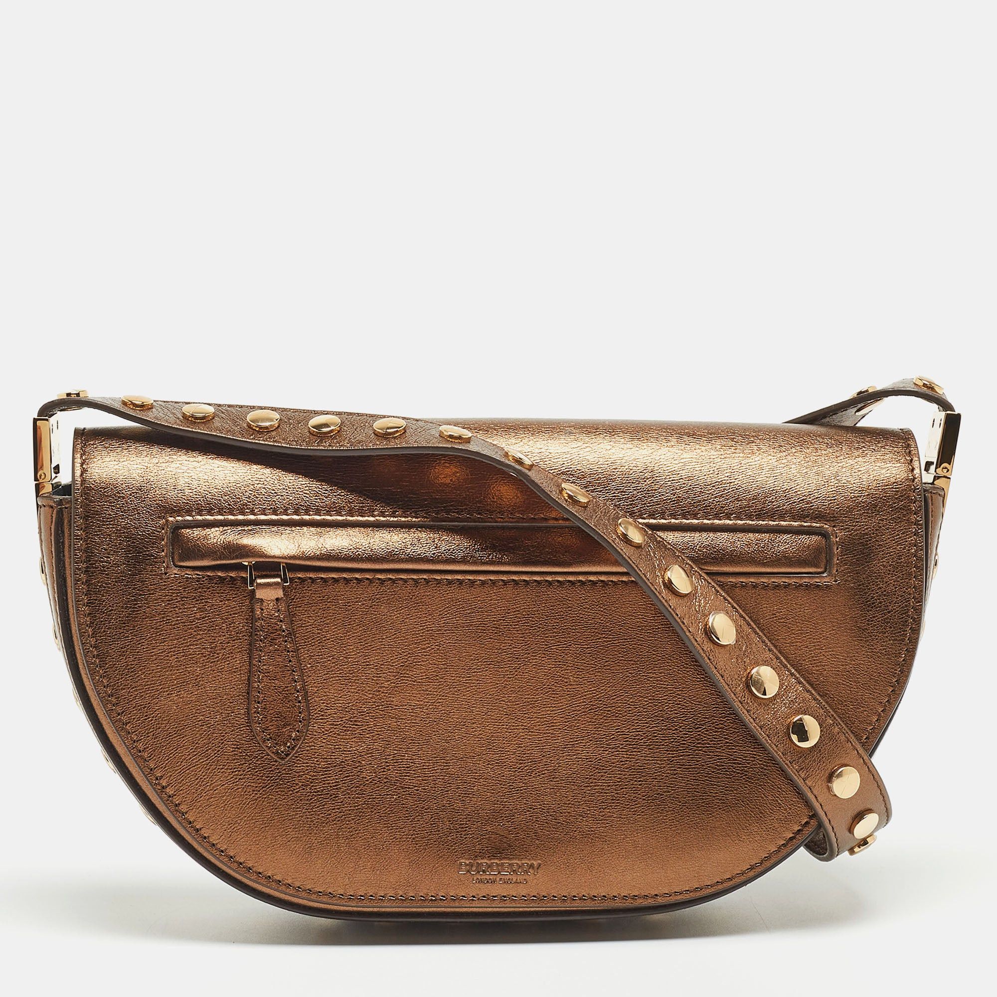 image of Burberry Bronze Studded Leather Small Olympia Shoulder Bag in Brown, Women's