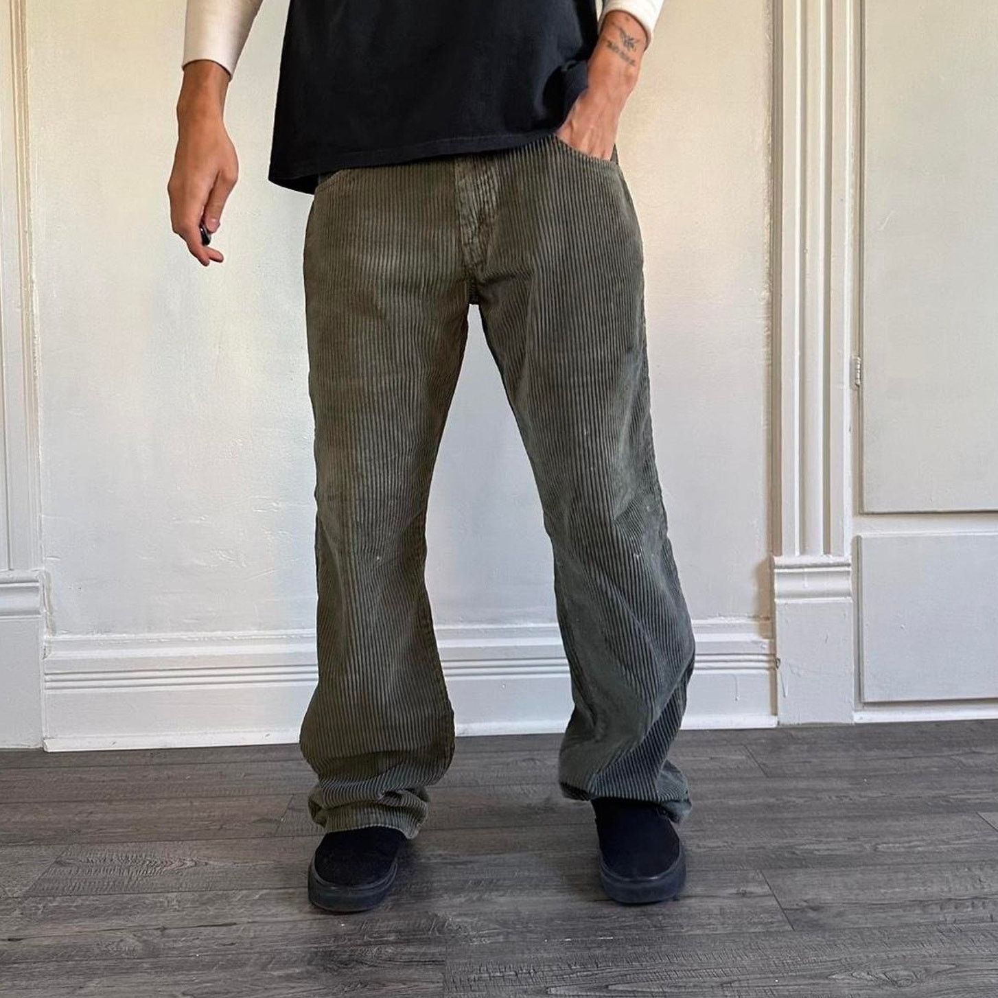 Levi's Vintage Green Olive Baggy Leg Silver Tab Cord Corduroy Pants Size US 31 - 2 Thumbnail
