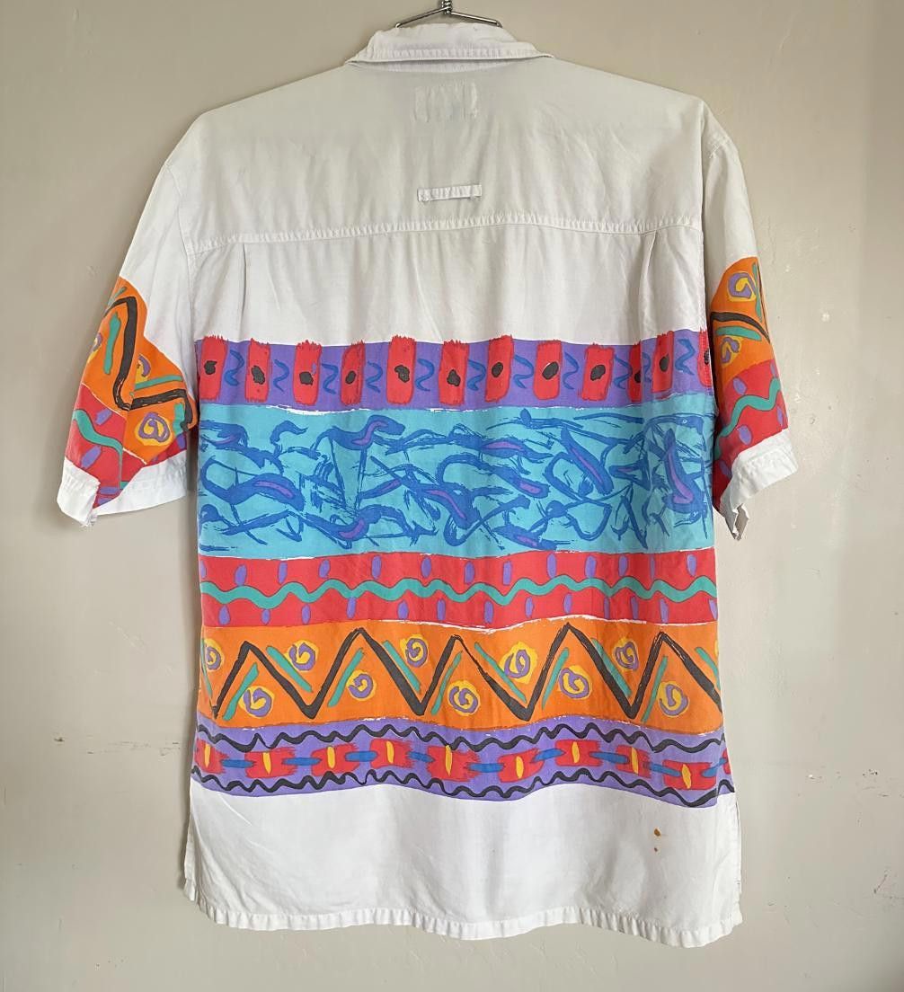 Designer 90s Bugle Boy Mens shirt M Button Surf Beach Geo 80s Vintage Size US M / EU 48-50 / 2 - 6 Thumbnail