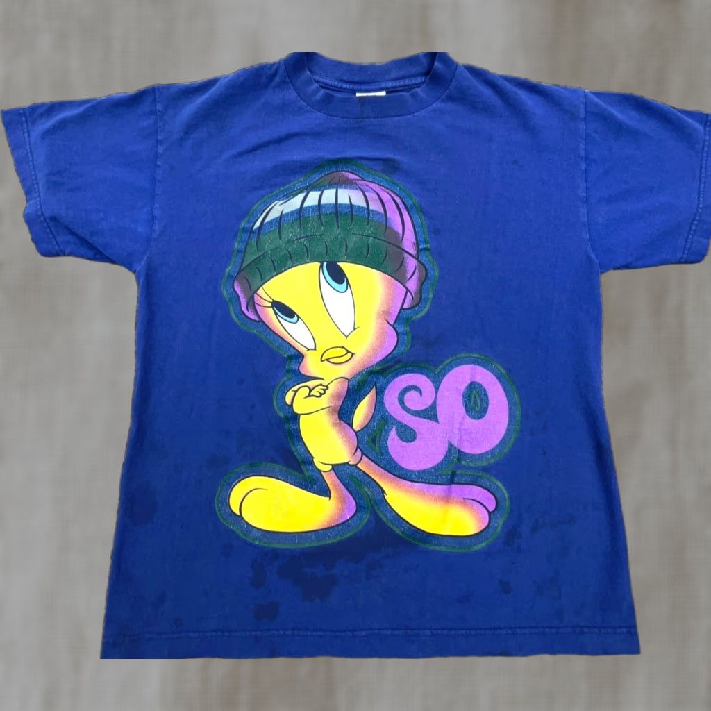 Vintage VINTAGE Looney Tunes Shirt Men M Purple Tee 90s Tweety Bird Cartoon Hip Hop USA, Short Sleeve, Crew Neck, Cotton, Regular Fit, 1990s Mens Shirt Size US M / EU 48-50 / 2 - 1 Thumbnail