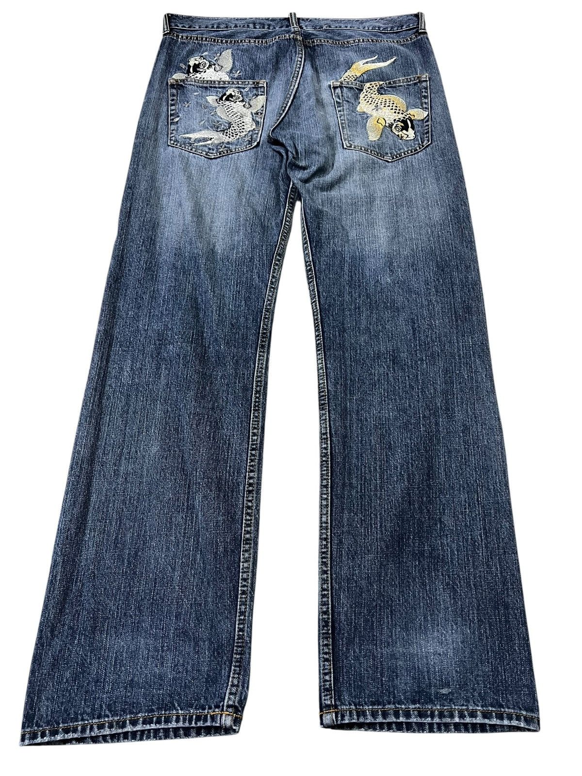 Japanese Brand Karakuri Tamashi Style Koi Fish Embroidery Mud Wash Jean Size US 35 - 2 Thumbnail