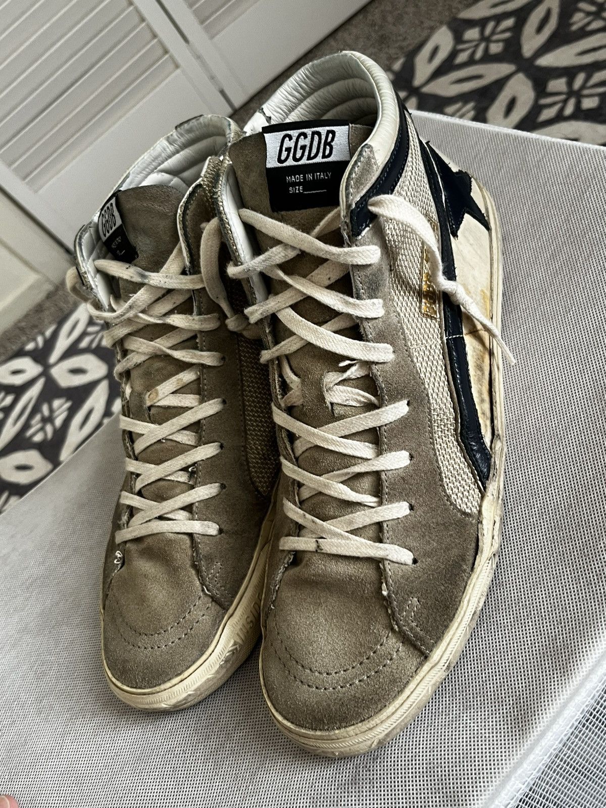 Golden Goose Slide in beige mesh and nylon with blue leather star/flash Size US 10.5 / EU 43-44 - 5 Thumbnail