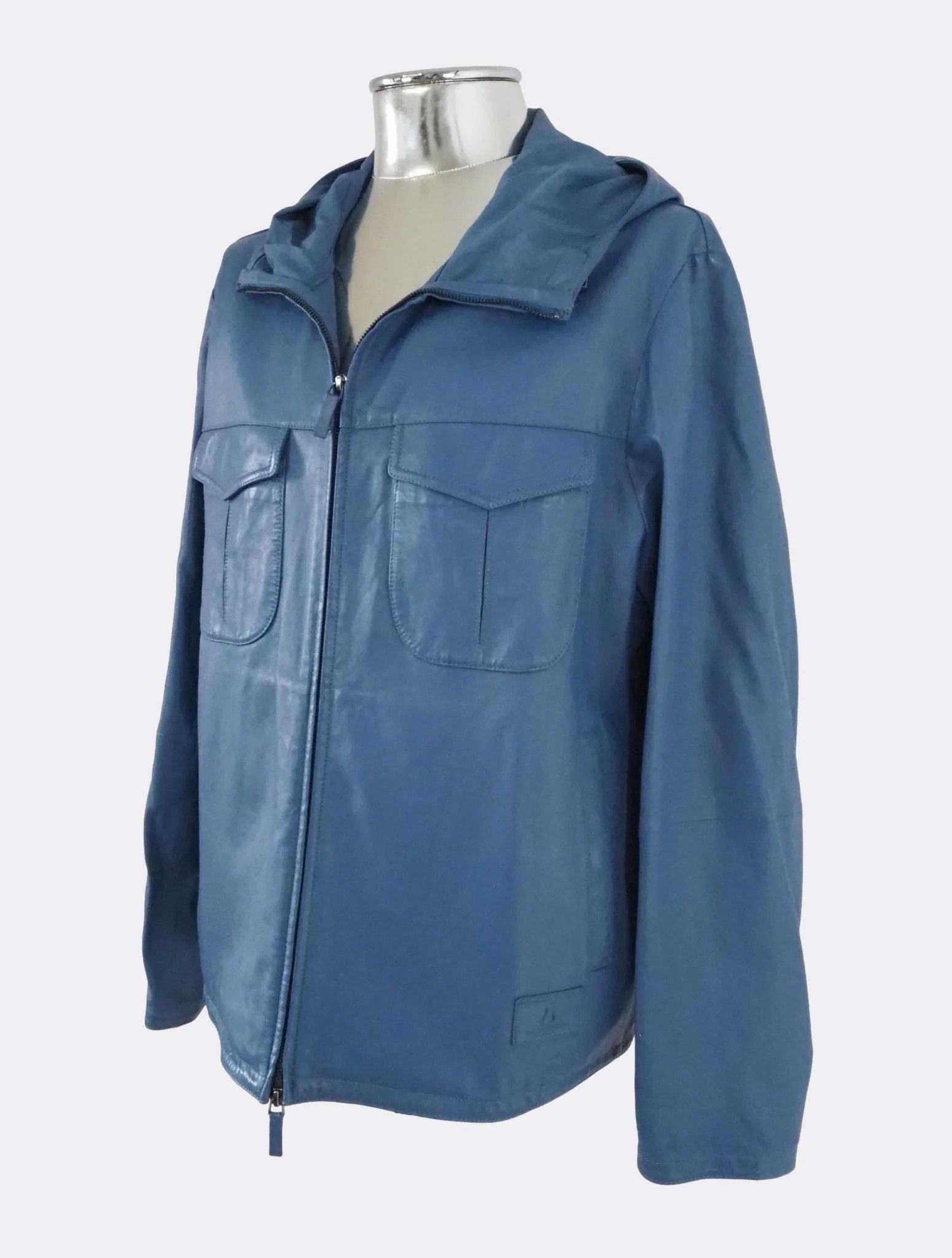 Emporio Armani Light Blue Hooded Zip-Front Leather Jacket $1175 Size US L / EU 52-54 / 3 - 10 Thumbnail