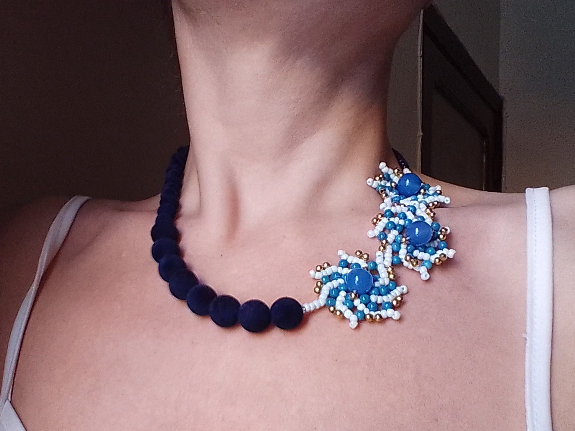 Handmade Glamour Necklace Blue Agate stones +Velvet dark Blue Pearls Size ONE SIZE - 8 Thumbnail