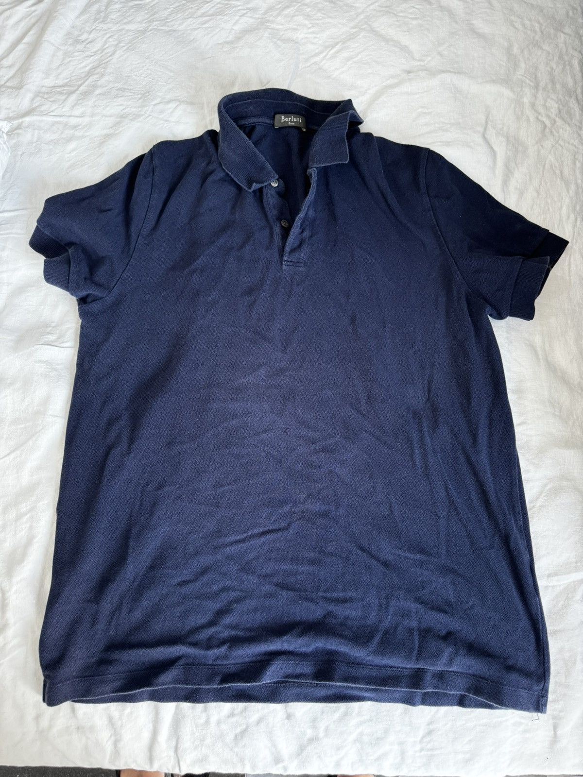 Berluti navy polo with leather detailing