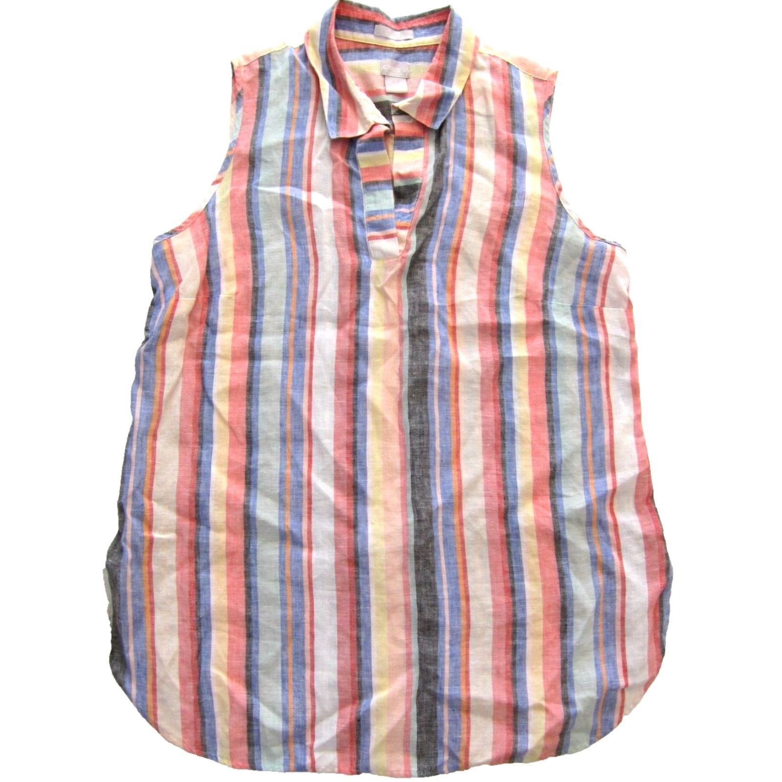 Vintage Chico's 100% Linen Pink Green Yellow Stripe Sleeveless Collared Blouse 1 M/8 Size M / US 6-8 / IT 42-44 - 2 Thumbnail