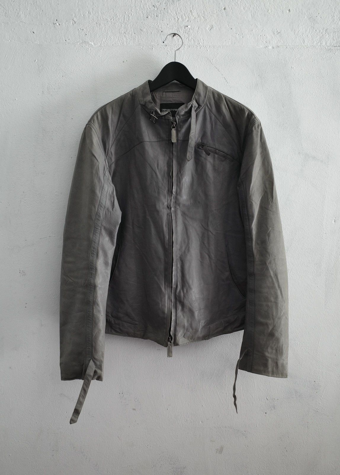 image of Vintage Armani Faded Patina Strap Leather Biker Cafe Racer in Grey, Men's (Size Medium)