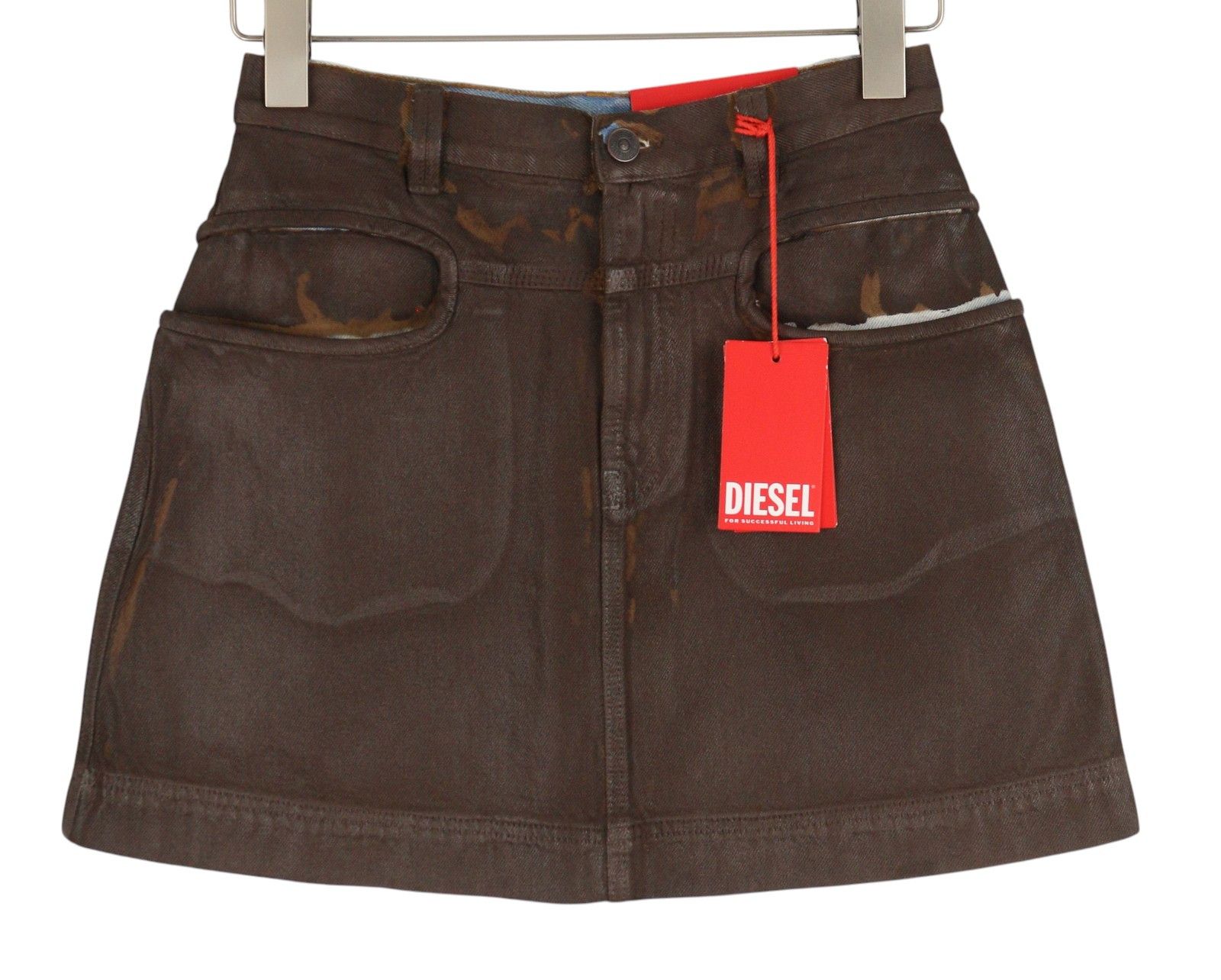 Diesel DE-LYANNA 0EIAC W26 Brown Coated Denim Zip Mini Skirt 41311 Size 26" / US 2 / IT 38 - 1 Thumbnail
