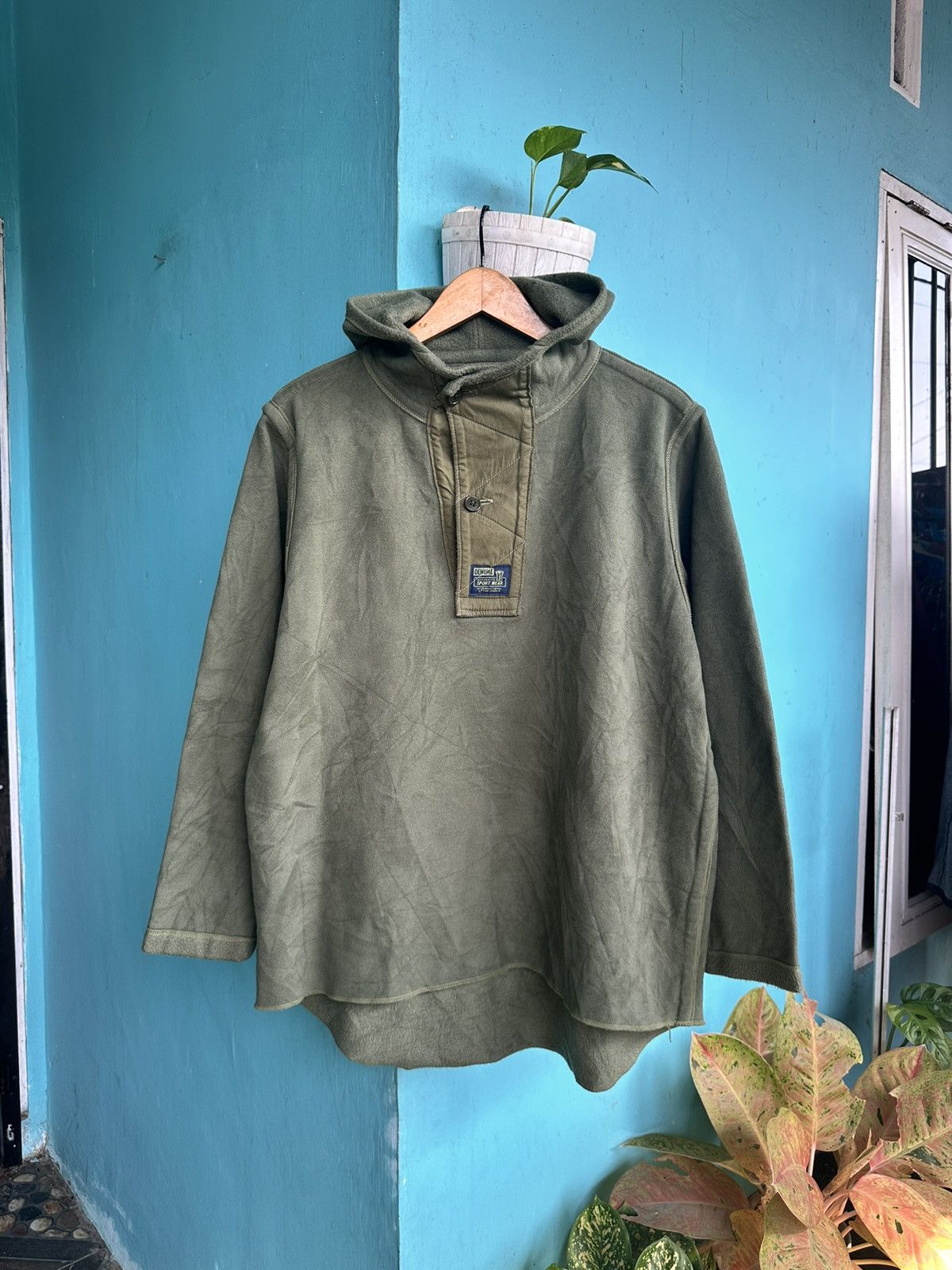 image of Vintage Denime Half Button Hoodie in Green, Men's (Size Medium)