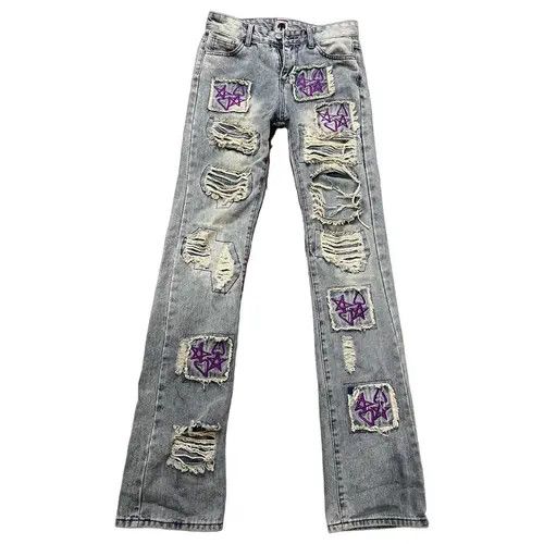 VIBE Heavy Star Heart Embroidered Double Patch Washed Jeans Size US 33 - 7 Thumbnail