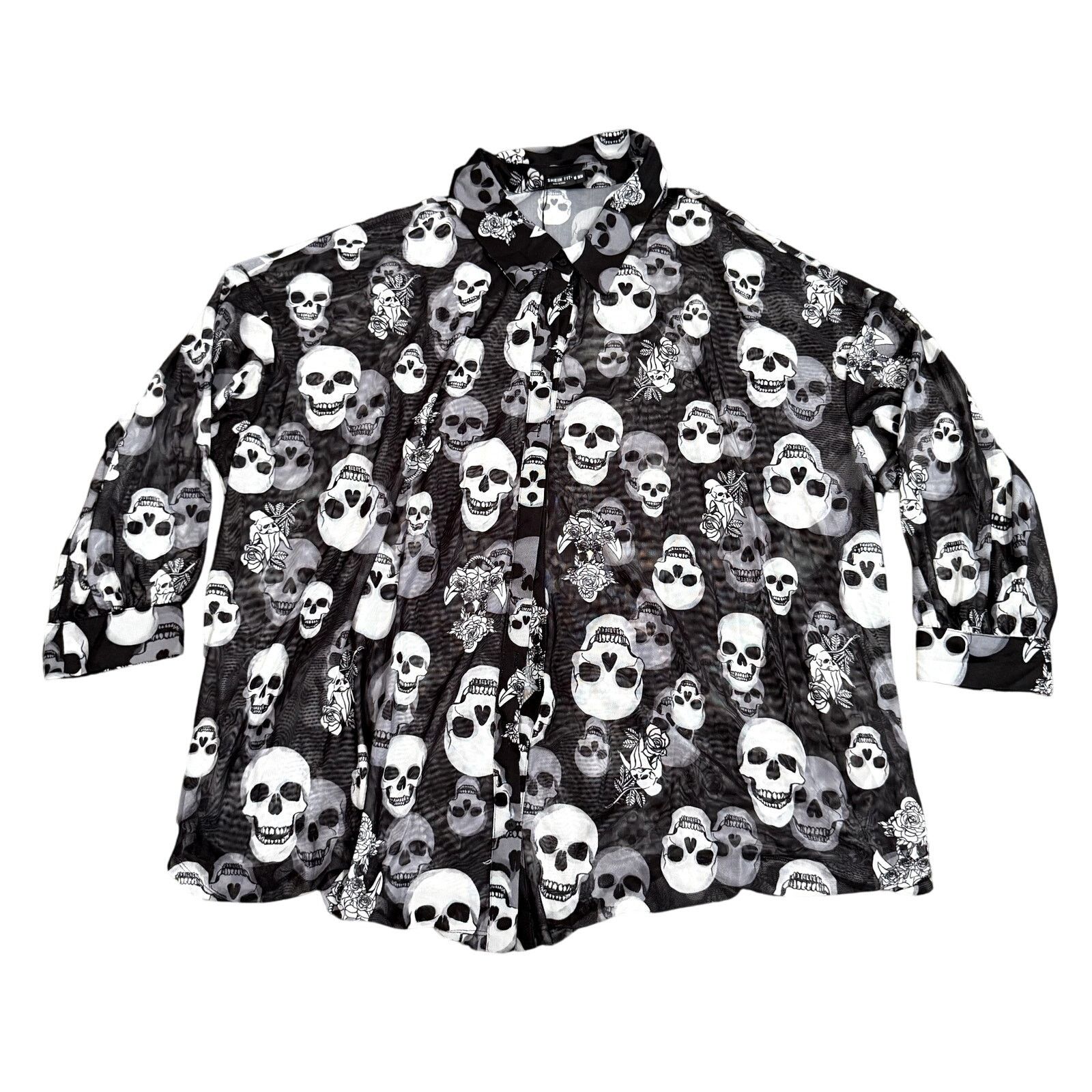 Shein Women's Plus Sheer Skull Printed Button Down Shirt, 32/34 Size ONE SIZE - 1 Thumbnail
