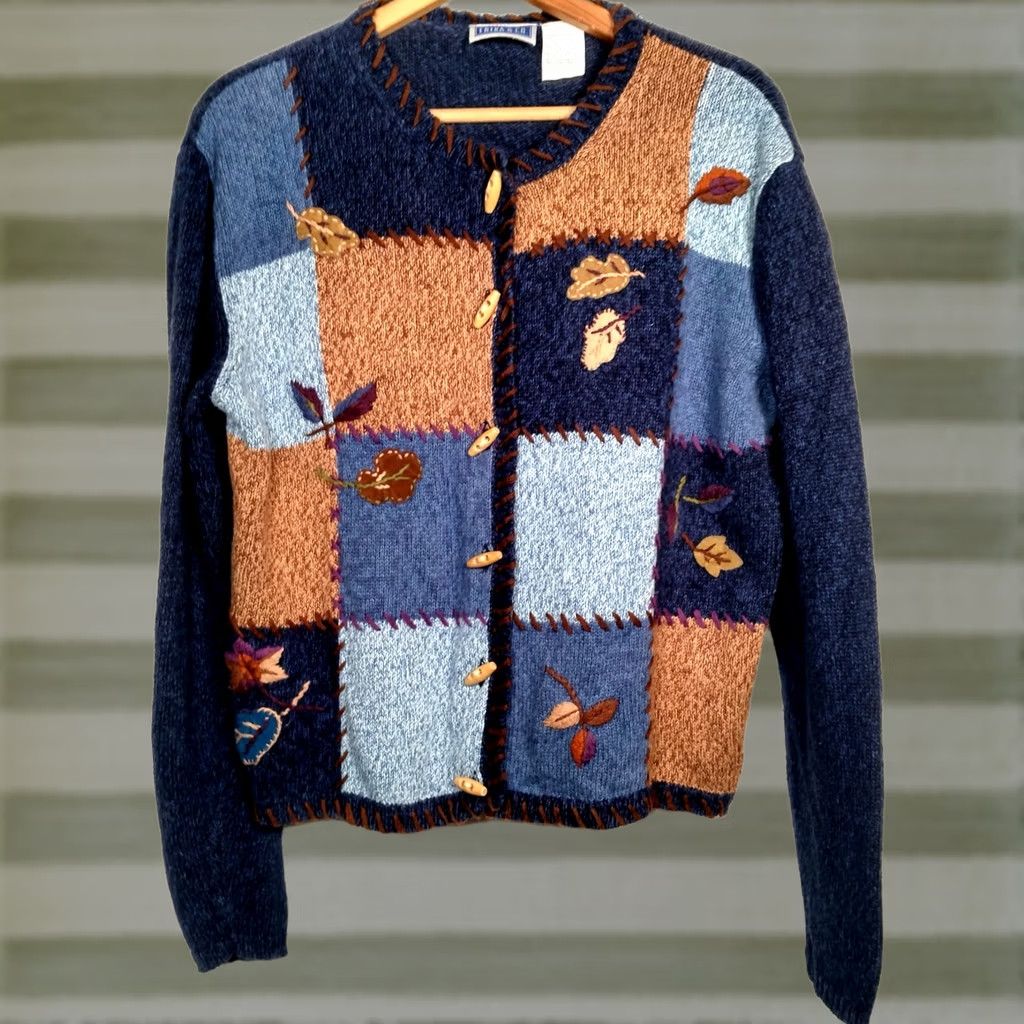 CO VINTAGE Erika And Co Cardigan Sweater Women L Patchwork Blue Brown Fall Leaves Leaf Size L / US 10 / IT 46 - 1 Thumbnail