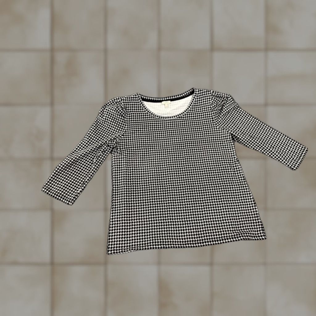Talbots Talbots Blouse Shirt Womens Large Black White Houndstooth Stretch Casual Round Neck Long Sleeve Regular Cotton Spandex Machine Washable Vintage No Size L / US 10 / IT 46 - 1 Thumbnail