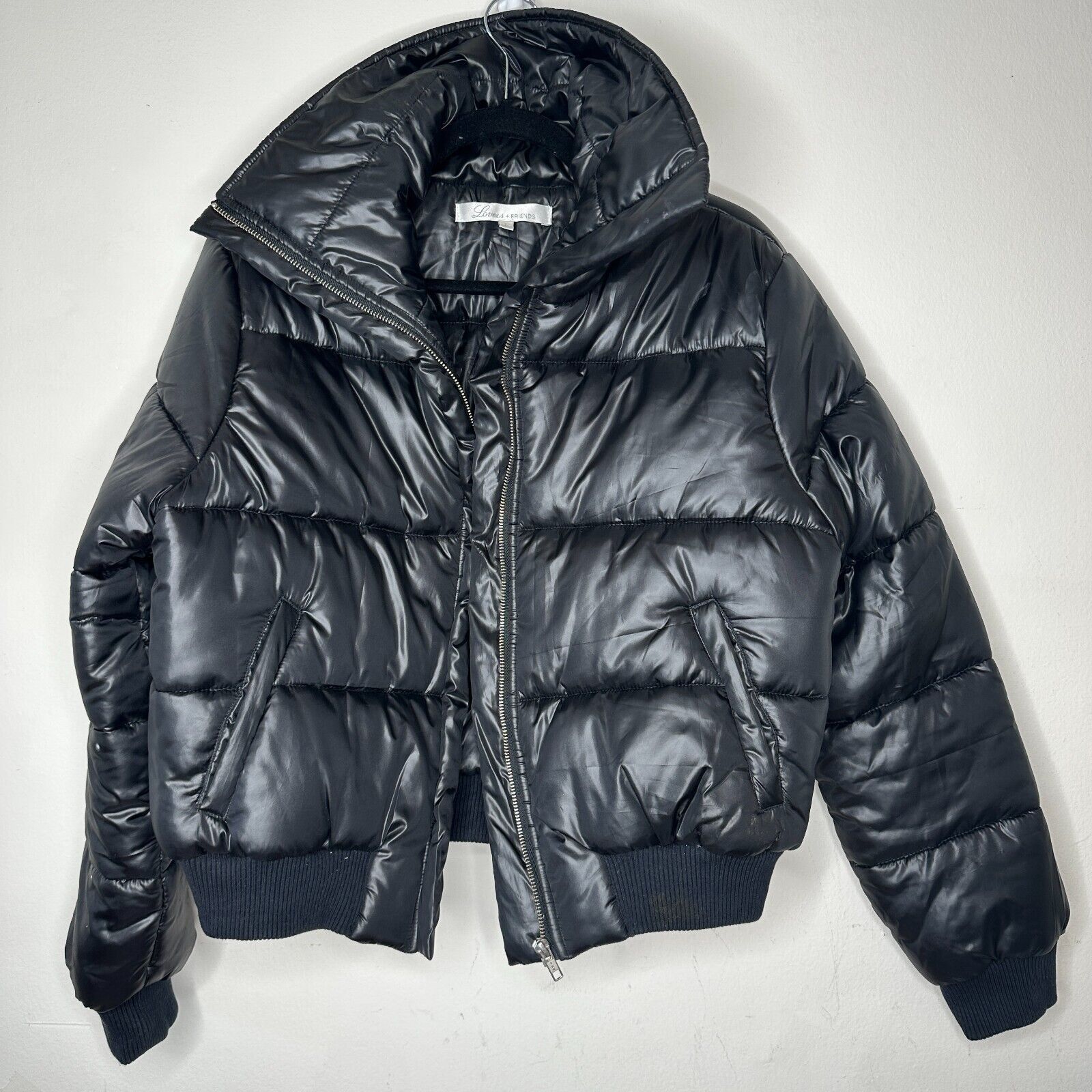 REVOLVE Lovers + Friends Black Satin Jacket Banded Hem & Cuff Zip L Size L / US 10 / IT 46 - 2 Thumbnail
