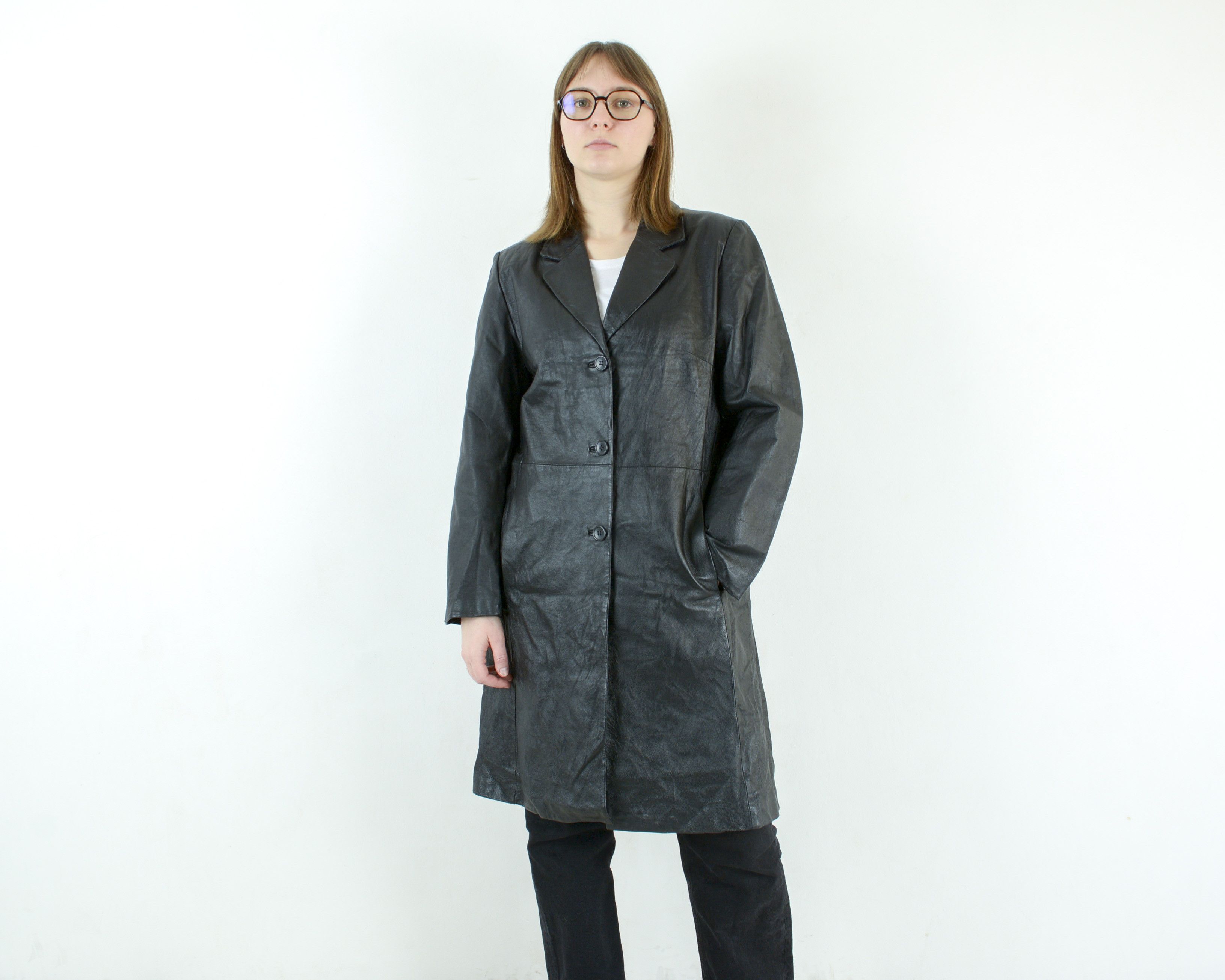 Target Basics × Vintage Genuine Leather Coat Black Button Up Jacket US 16 Trench Mac Size XL / US 12-14 / IT 48-50 - 3 Thumbnail