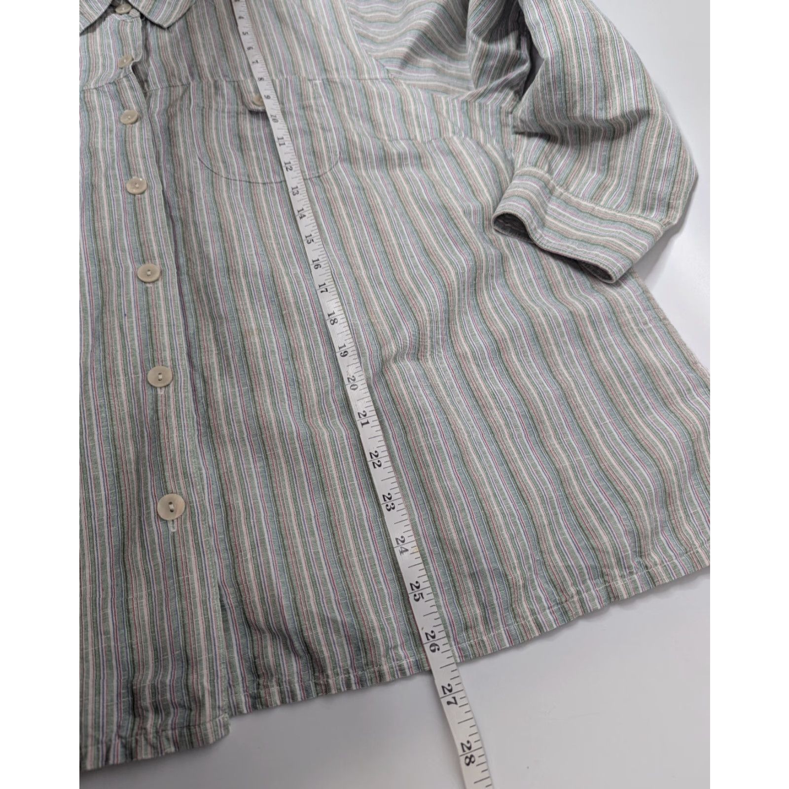 Vintage C.J. Banks By Christopher & Banks Women's Button-Up Shirt Striped Long Sleeve 1X Green Cotton Linen Casual Collar Size XL / US 12-14 / IT 48-50 - 6 Thumbnail