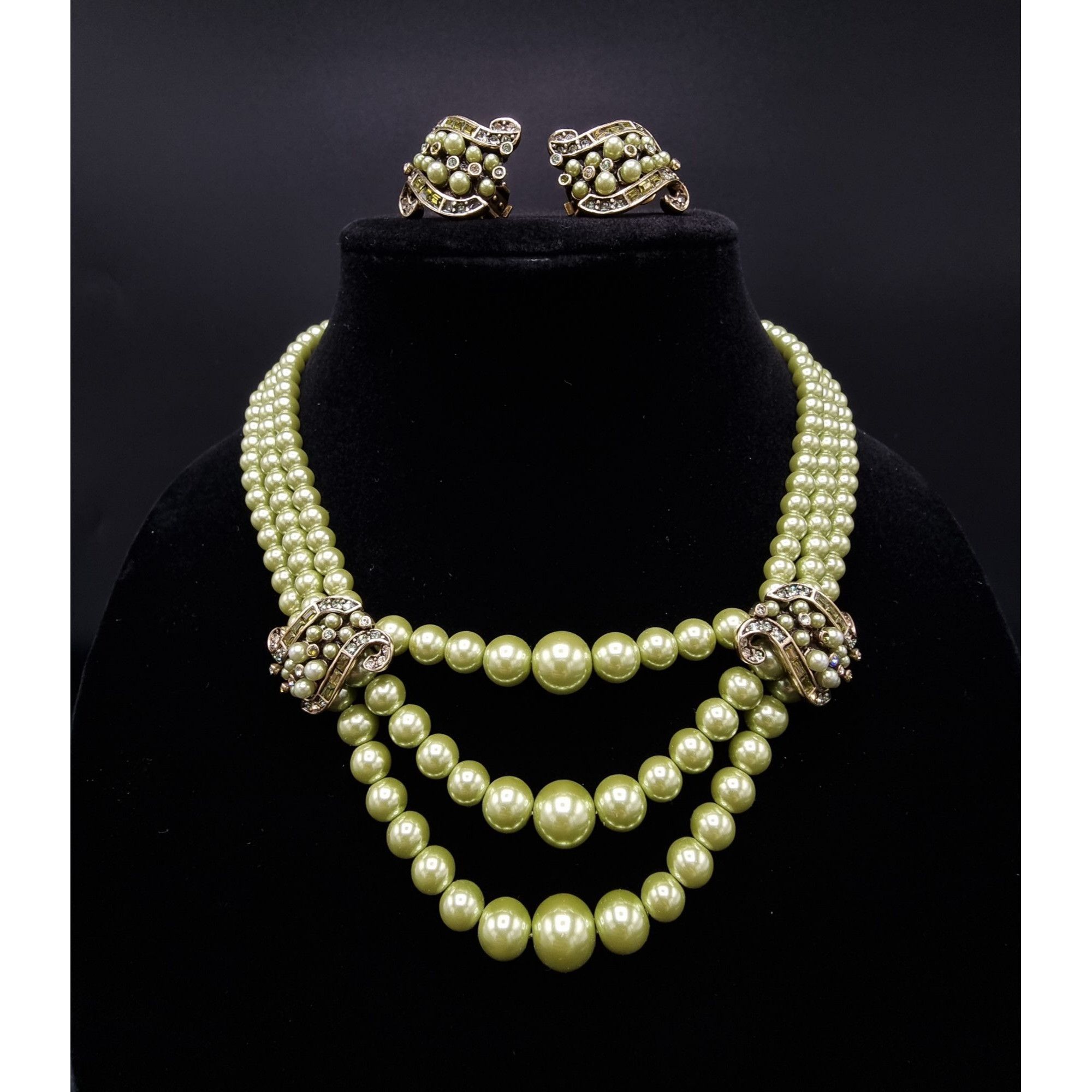 Vintage Heidi Daus Green Pearl Necklace & Clip-On Earrings Set Size ONE SIZE - 3 Thumbnail