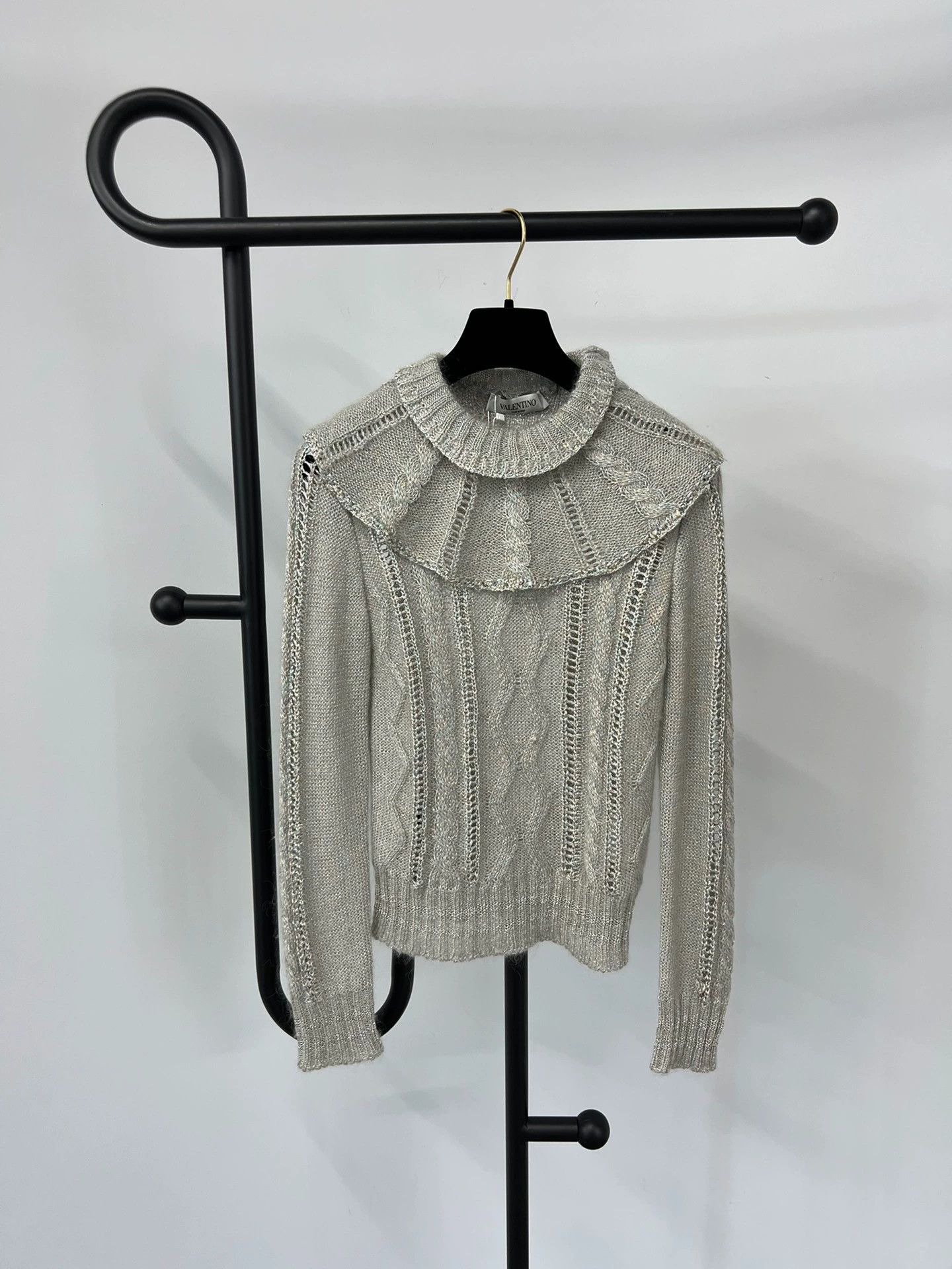 Valentino Gray Ruffled Collar Knit Sweater - dmc