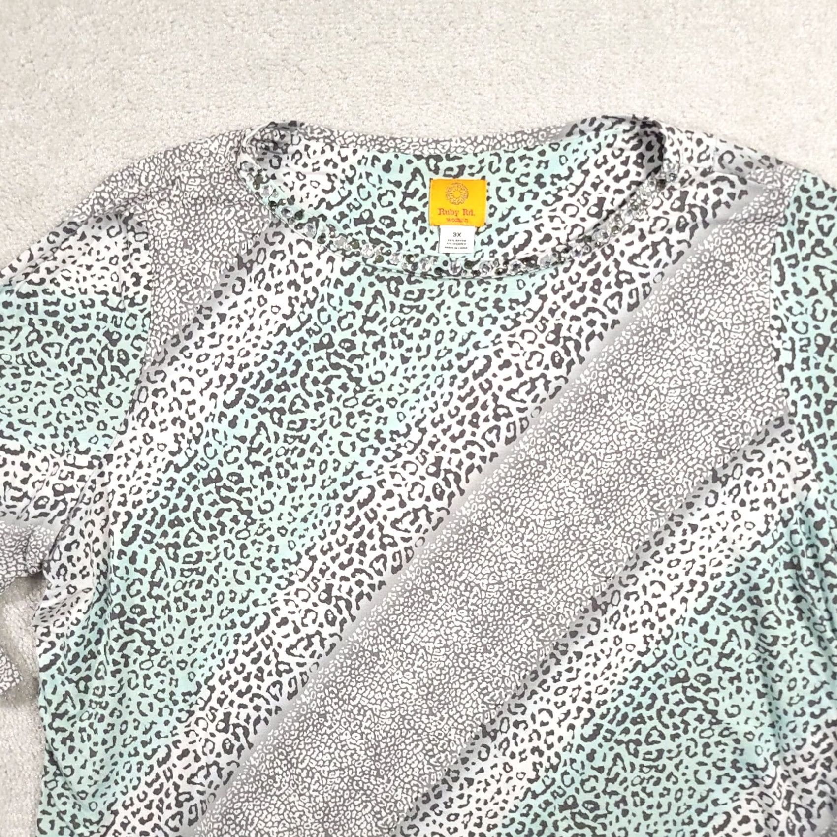 Vintage Ruby Rd Shirt Women's 3X Animal Print 3/4 Sleeve Stretch Rhinstones Size XXL / US 16-18 / IT 52-54 - 3 Thumbnail