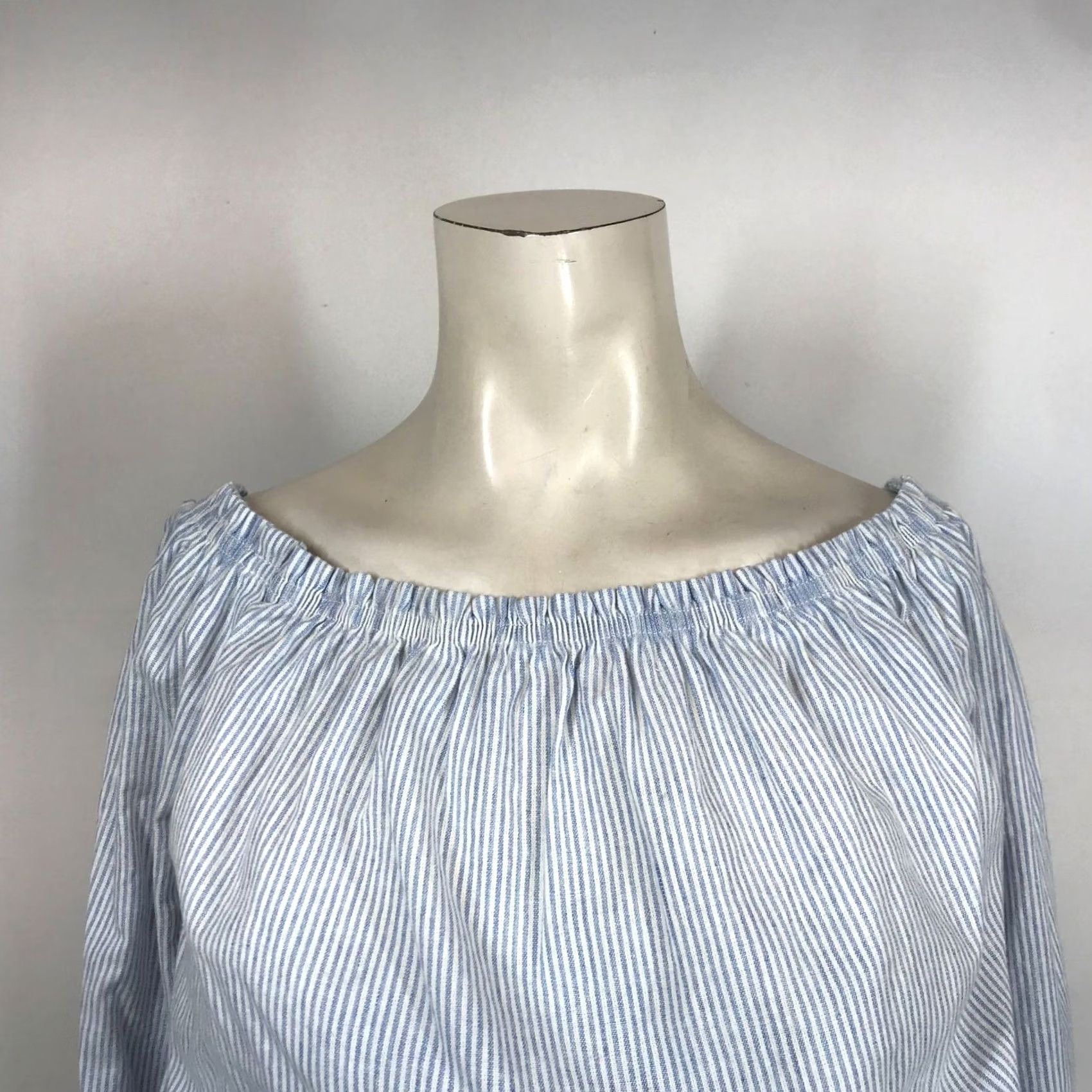 Vintage JOHN GALT Womens M/L Blue/White Stripe Long Sleeve Elastic Crop Top Size M / US 6-8 / IT 42-44 - 2 Thumbnail