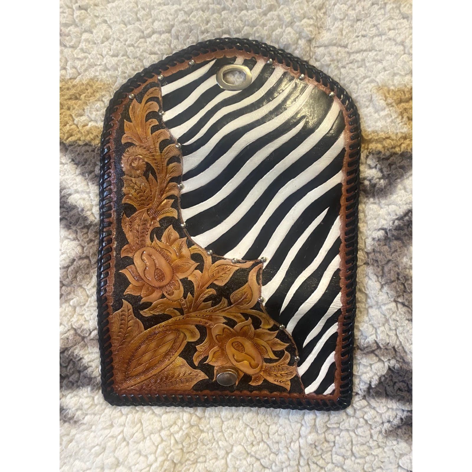 Vintage Hand Tooled Leather Women’s Wallet Organizer Zebra Floral Pattern Studs 8” X 4” Size ONE SIZE - 3 Thumbnail