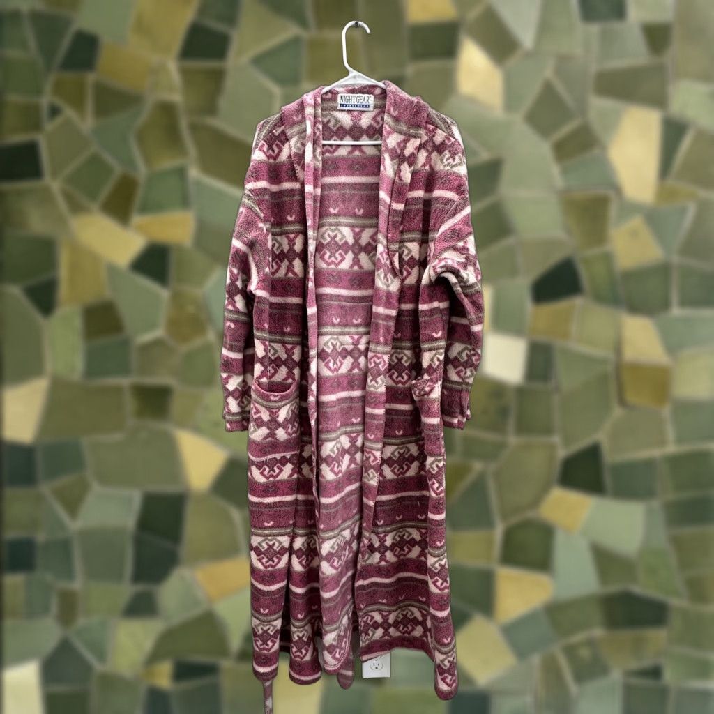 Vintage VINTAGE Night Gear Robe Women One Size Pink Aztec Lounge Wear Fleece Kimono Belted 80s 90s Style Womens Size ONE SIZE - 1 Thumbnail