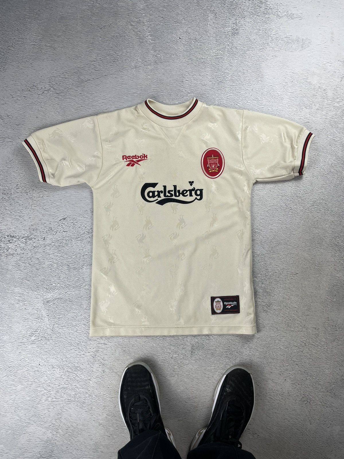 image of 90’S Vintage Liverpool 1996/97 Reebok Jersey Blokcore in Cream, Men's (Size Small)