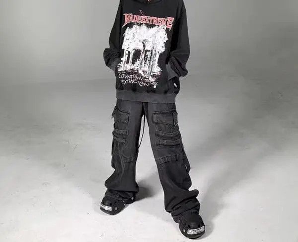 Japanese Brand VIBE Heavy washed street style long strap wide leg jeans Size US 33 - 6 Thumbnail