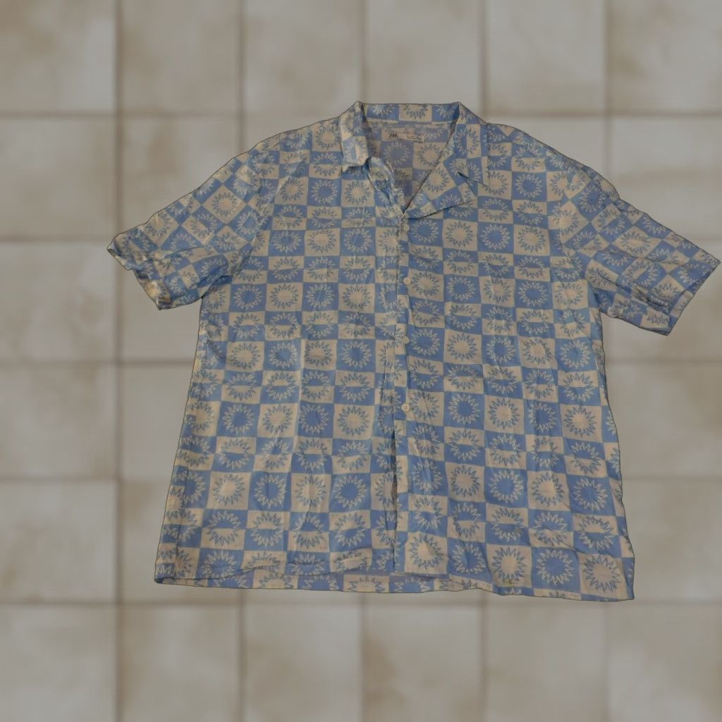 Zara Zara Shirt Mens Large Blue White Sunburst Check Short Sleeve Button Up Size US L / EU 52-54 / 3 - 1 Thumbnail