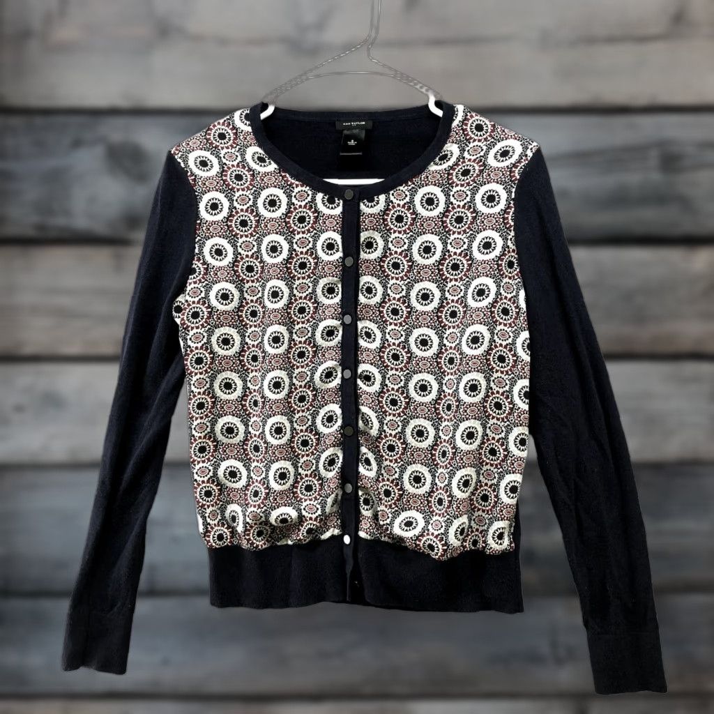 Ann Taylor VINTAGE Ann Taylor Cardigan Womens S Chiffon Mixed Media Button Front Printed Black Size S / US 4 / IT 40 - 1 Thumbnail