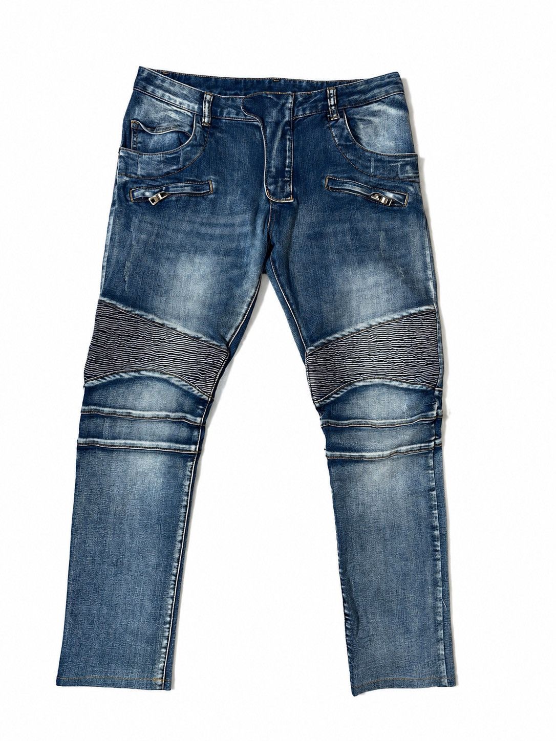 Japanese Brand Balmain style Jeans Blue Moto Biker SlimFit Distressed Denim Size US 33 - 1 Thumbnail