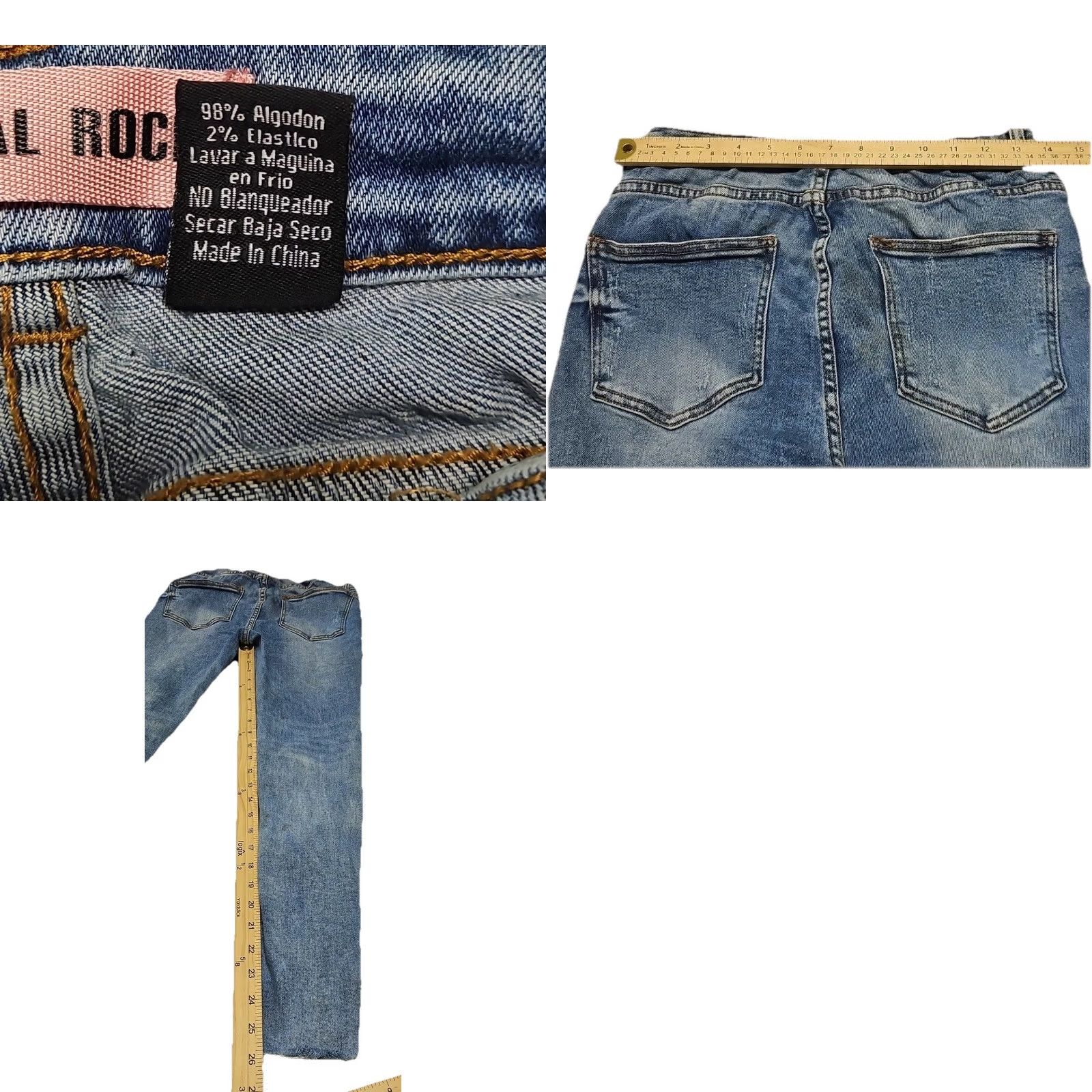 Vintage Crystal Rock Skinny Jeans Juniors 13 Women Denim Blue Light Wash Distressed Raw Hem Stretch Mid Rise Regular Inseam 26 in Button Zip 26W Size 34" / US 12 / IT 48 - 8 Thumbnail