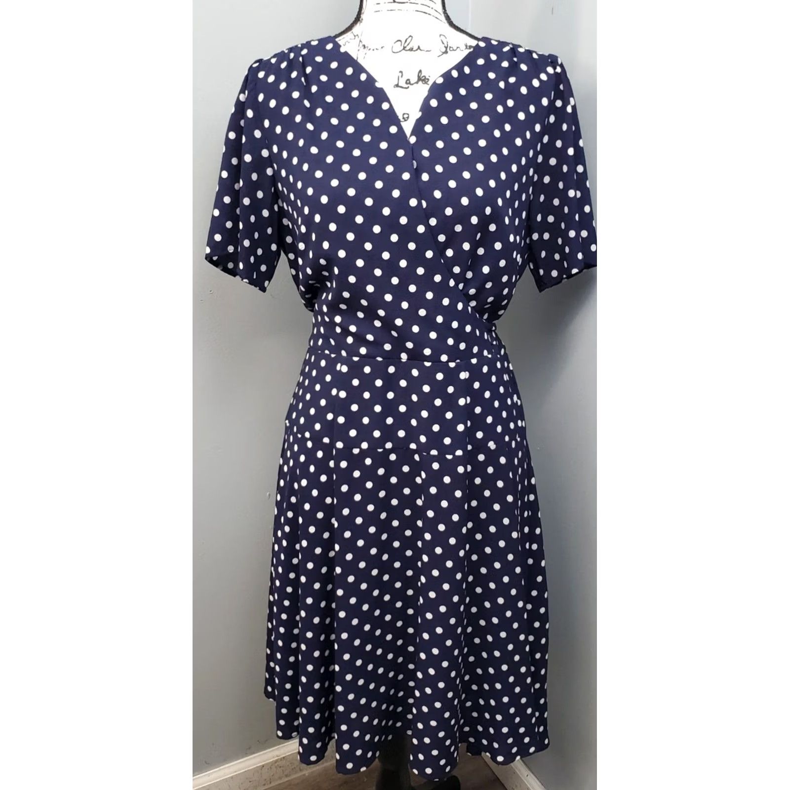 Vintage Rabbit Wrap Dress Womens Size 12 Navy White Polka Dot Lined Swing Hem Tie Back Zip V-Neck Short Sleeve Size XL / US 12-14 / IT 48-50 - 2 Thumbnail