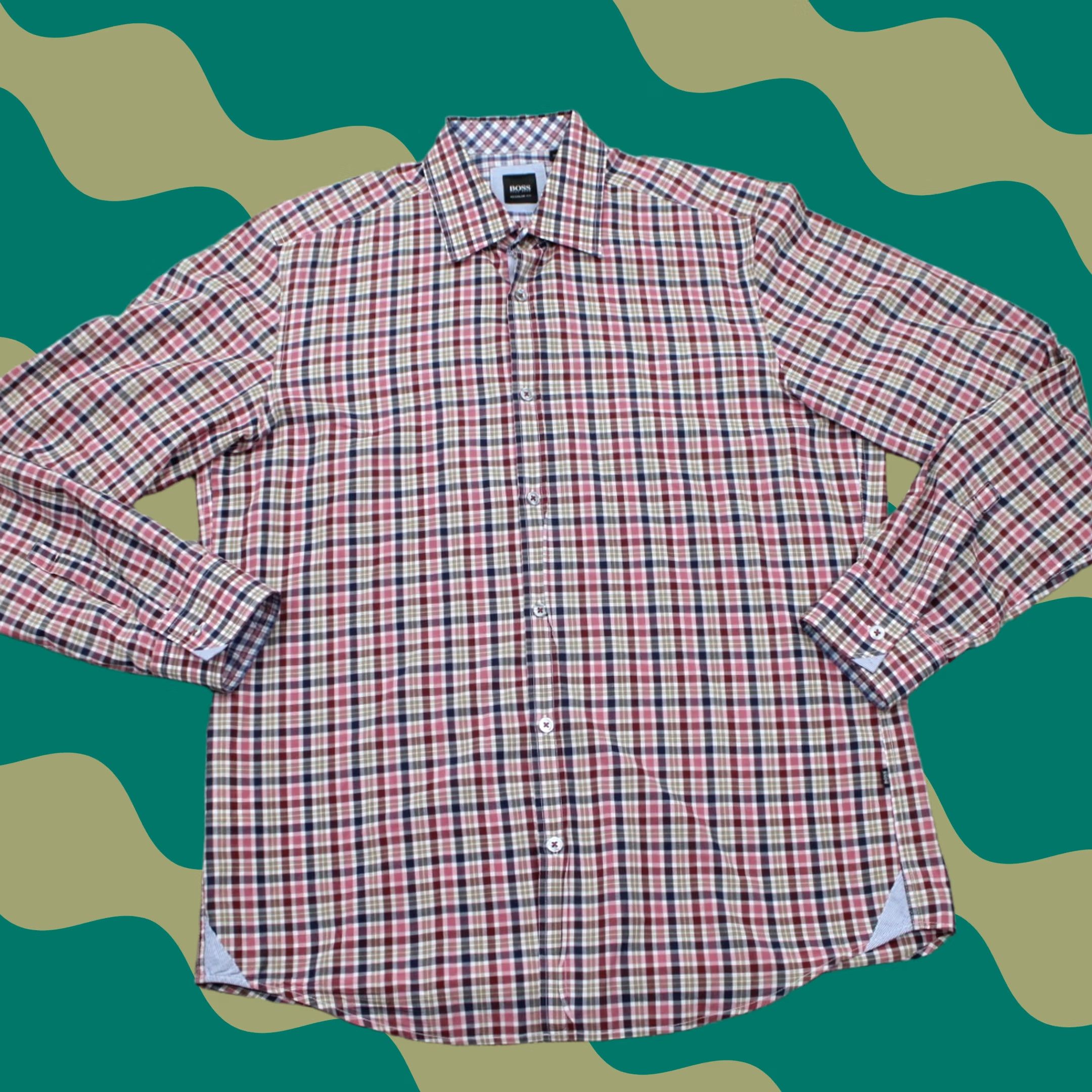Hugo Boss HUGO BOSS Obert Shirt Mens Medium Red/Pink/Blue/Green Slim Regular Fit Cotton L/S Button-Up Shirt Size US M / EU 48-50 / 2 - 1 Thumbnail