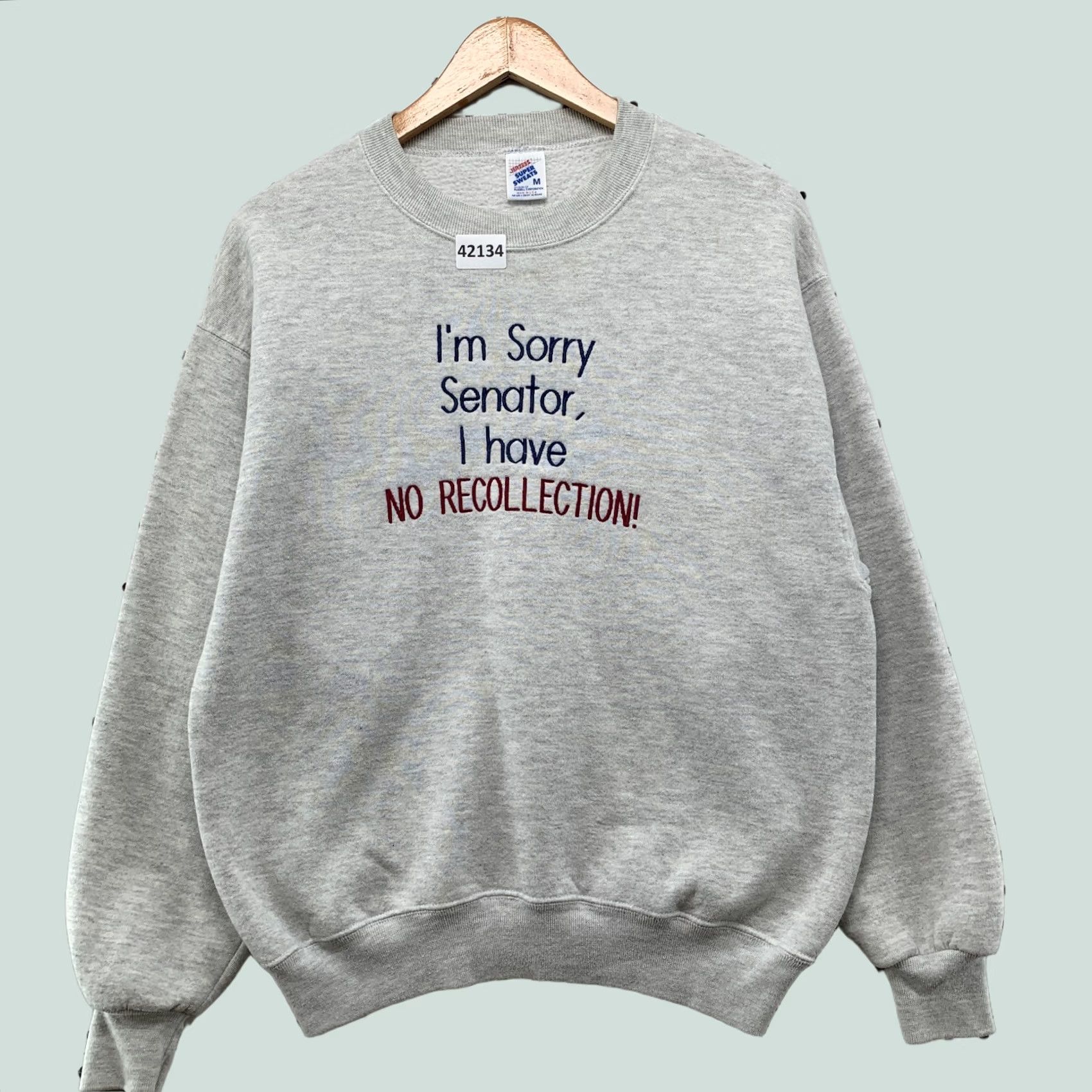Jerzees Vintage Funny Crewneck Sweatshirt Mens Medium Gray Sorry Senator Recollection 21x26 Size US M / EU 48-50 / 2 - 1 Thumbnail