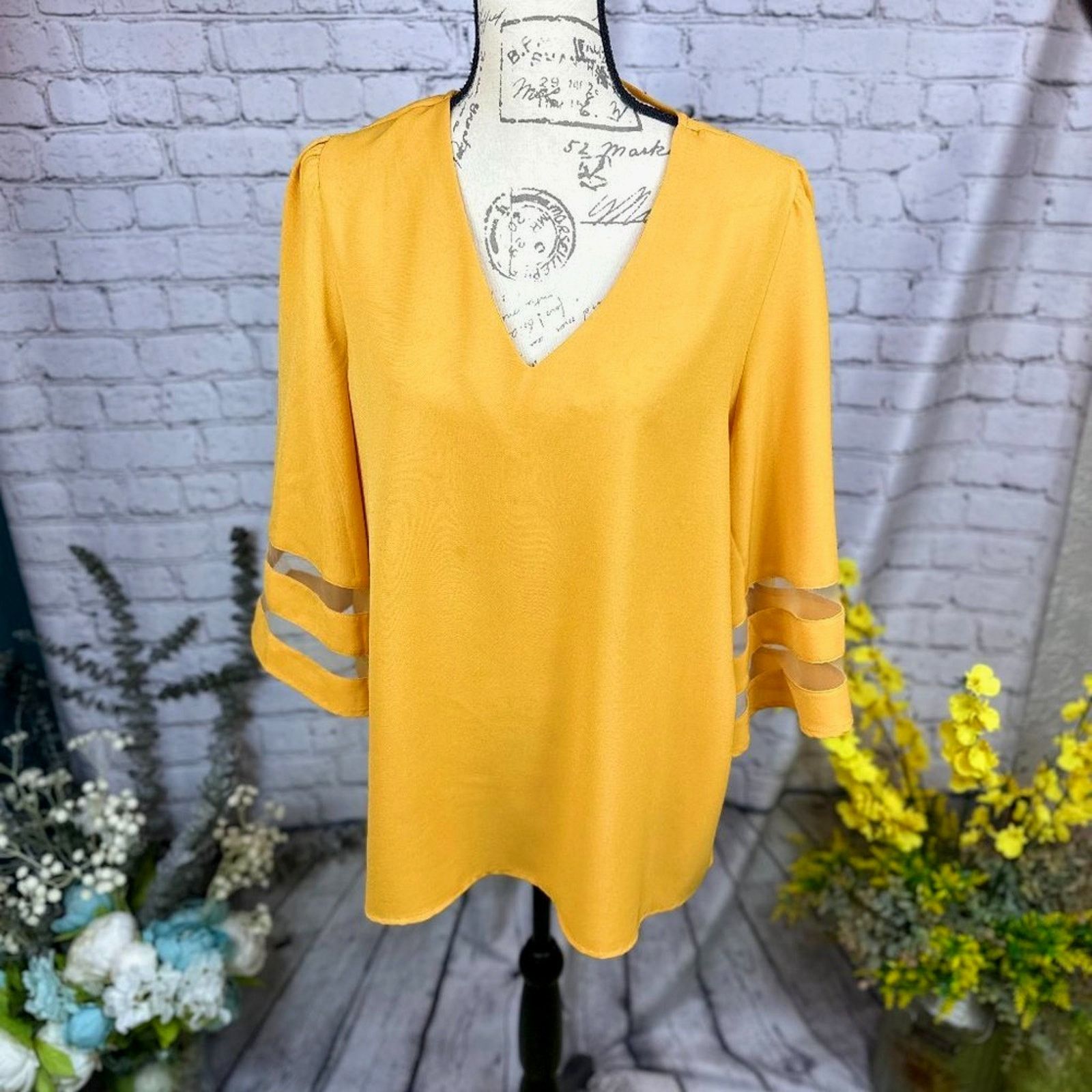 Other Casual V Neck 3/4 Bell Sleeve Mesh Panel Blouse Golden XL Size XL / US 12-14 / IT 48-50 - 7 Thumbnail